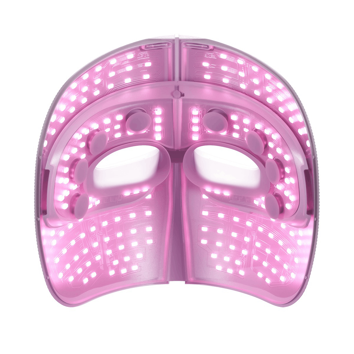 Una mascarilla facial LED rosa con luces en ojos y mejillas.