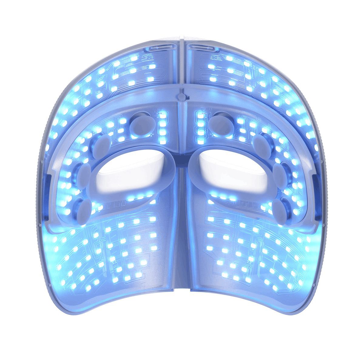 Una mascarilla facial blanca con muchos LED azules que iluminan.