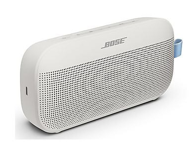 Biały głośnik Bluetooth Bose z niebieskim paskiem.