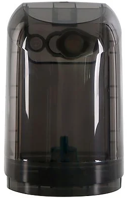 Transparenter, rauchfarbener Behälter mit dunklem Boden und innerem Mechanismus.