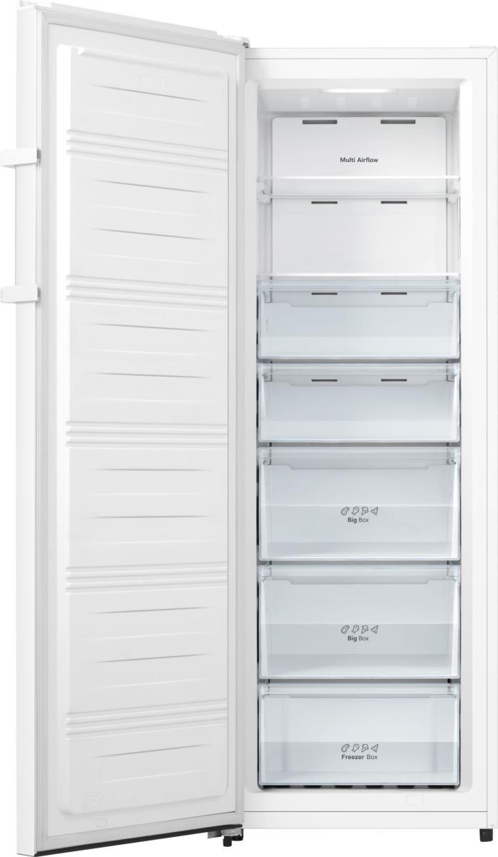Ein offener weier Gefrierschrank mit mehreren Schubladen und Multi-Airflow-Technologie.