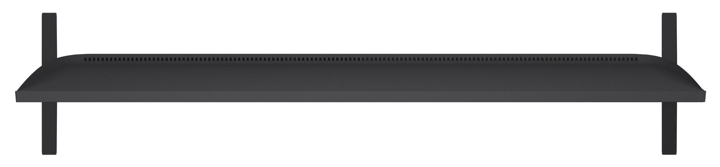 Czarny telewizor z nóżkami i otworami wentylacyjnymi.