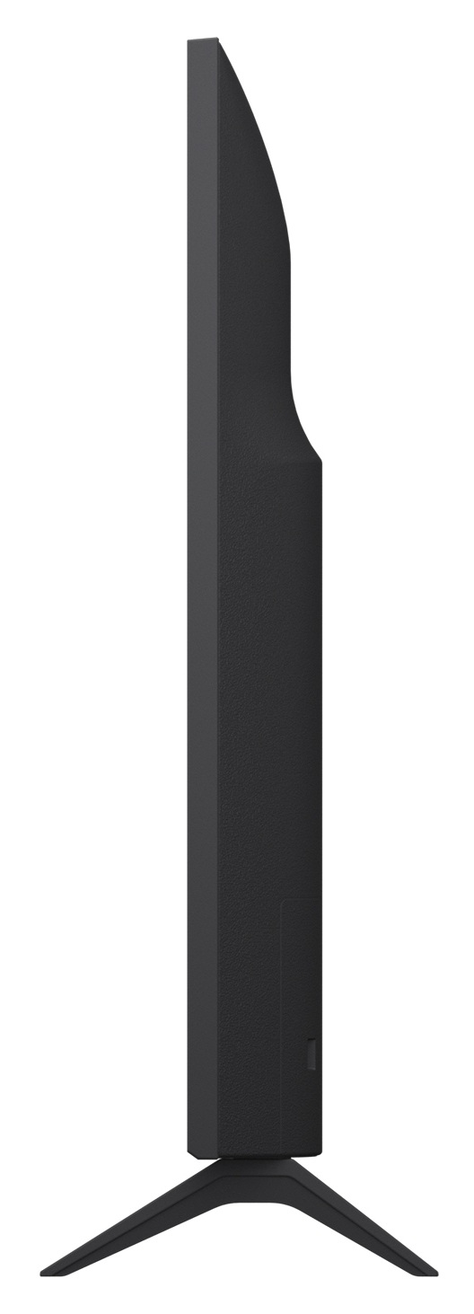 Czarny telewizor widziany z boku, na stojaku trójnożnym.