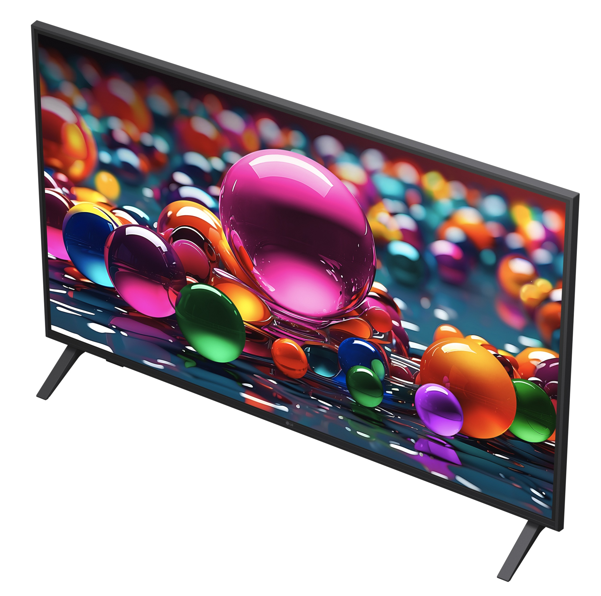 Nowoczesny telewizor wyświetlający kolorowe, abstrakcyjne tło z błyszczącymi kulami.