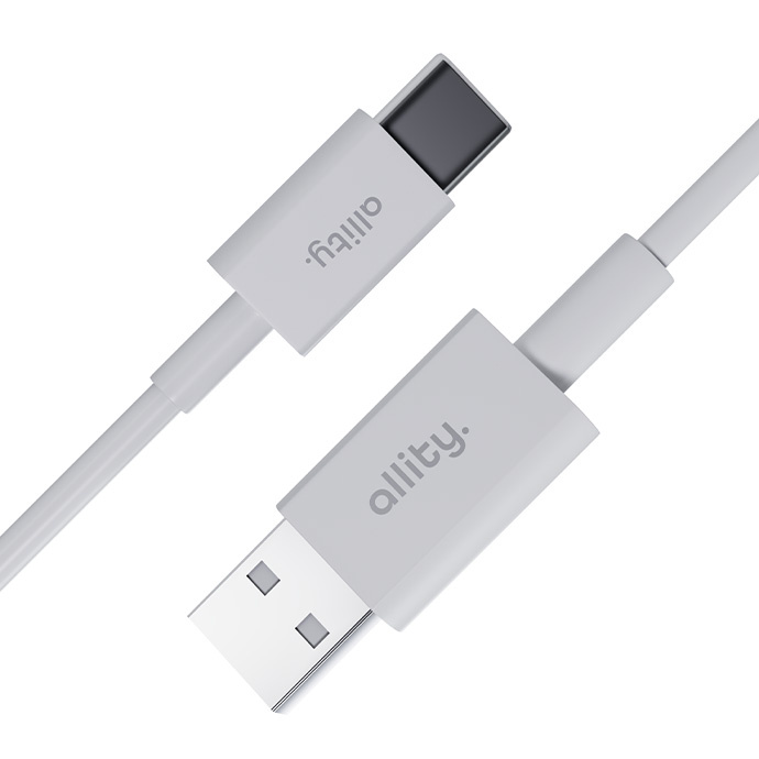 Egy fehér USB-A-USB-C kábel "allity." logóval.