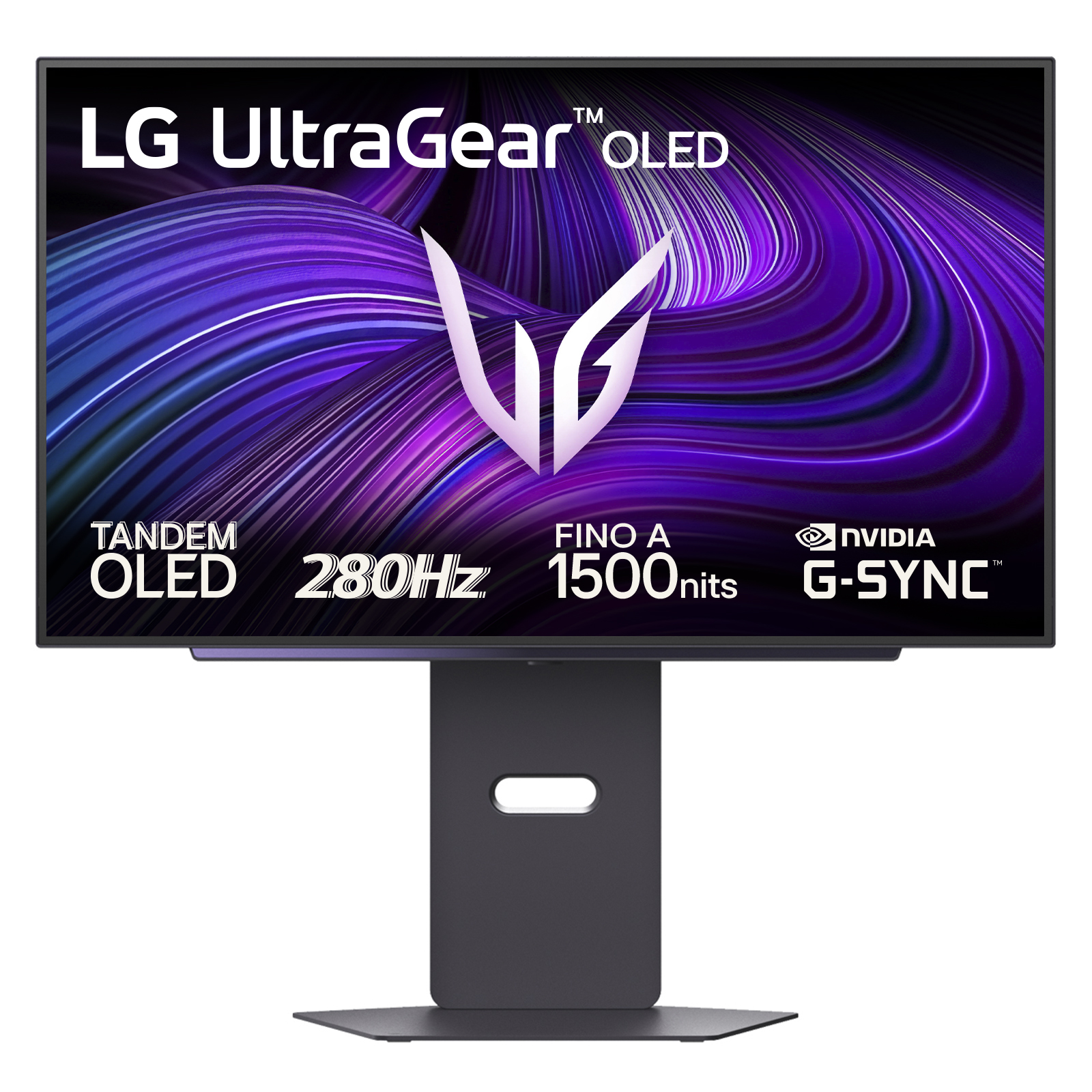 Monitor LG UltraGear OLED z fioletowym falistym wzorem i G-SYNC.