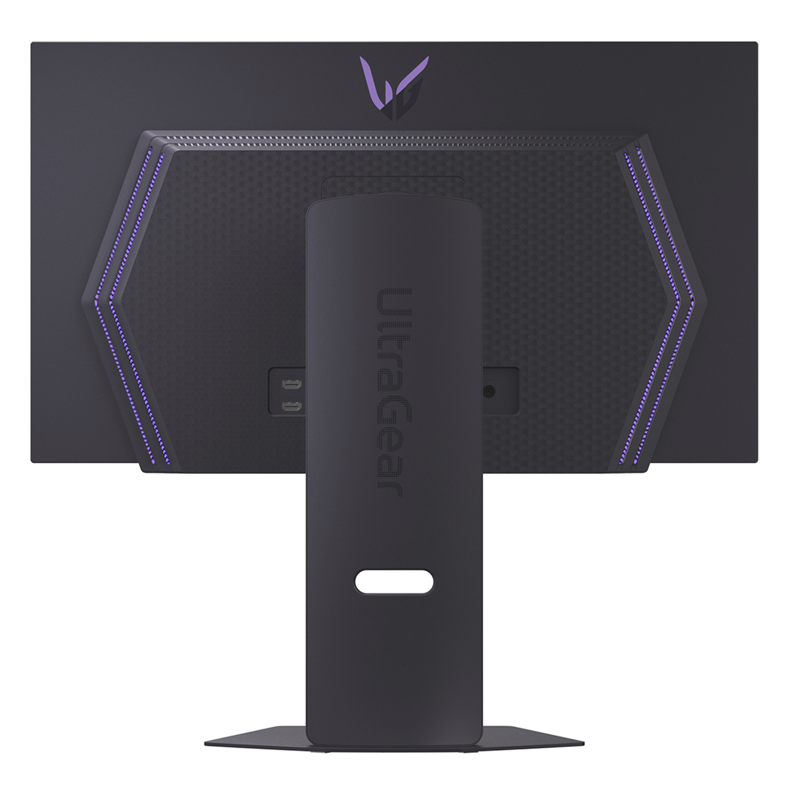 Rückseite eines schwarzen Monitors mit "UltraGear"-Logo und violetten Akzenten.