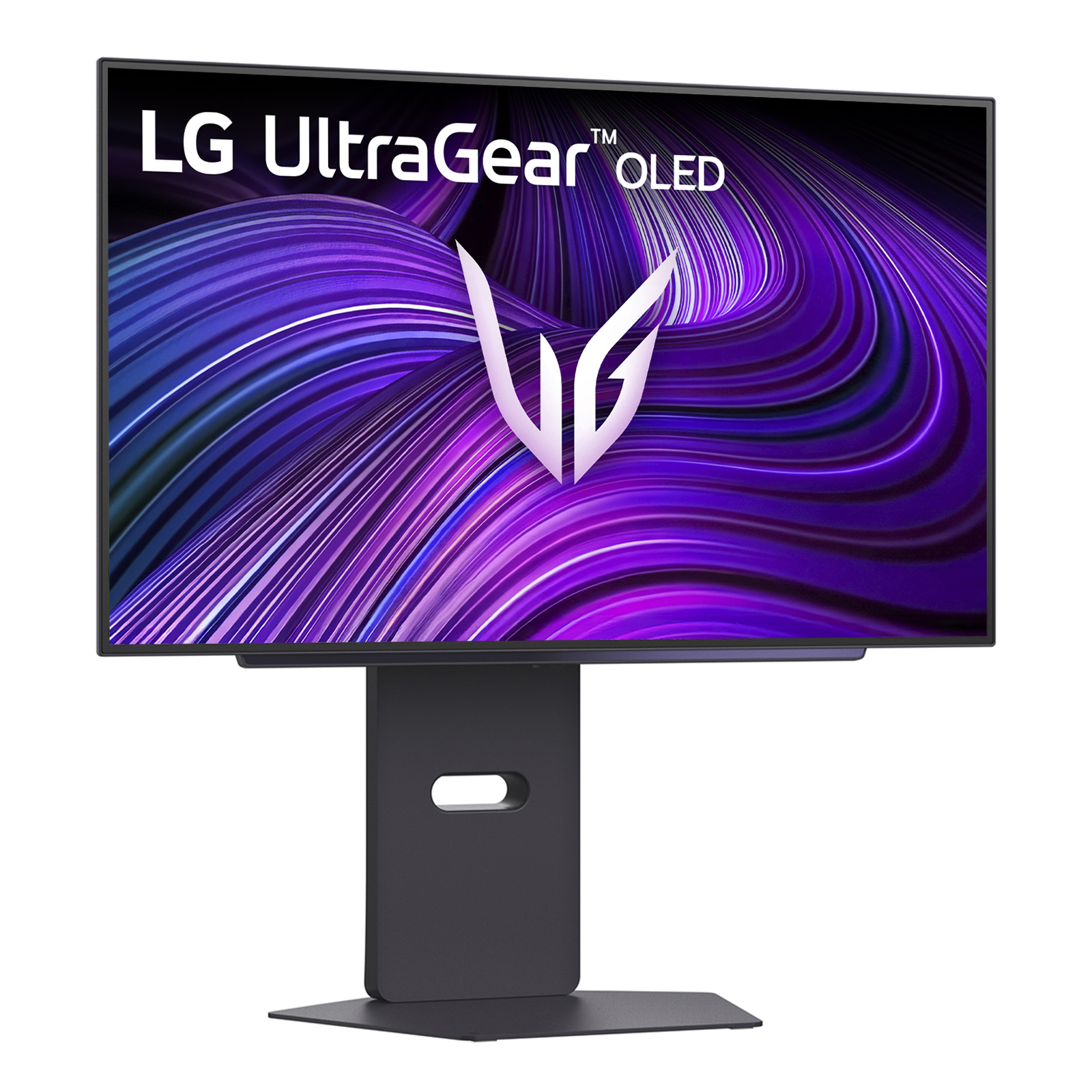 Ein LG UltraGear OLED-Monitor mit einem stilisierten V-Logo und einem violetten Hintergrund.