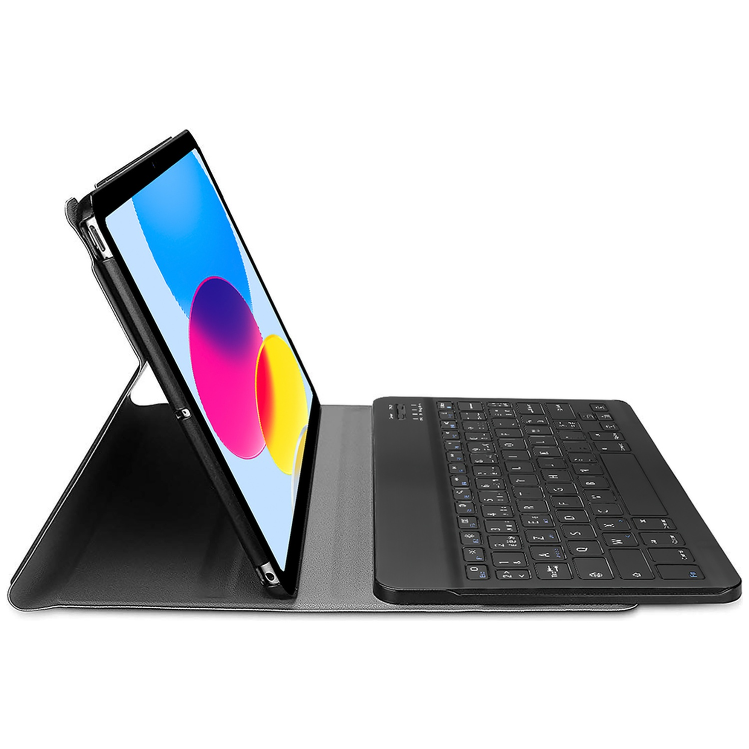 A black tablet in a keyboard case, set against a white background.