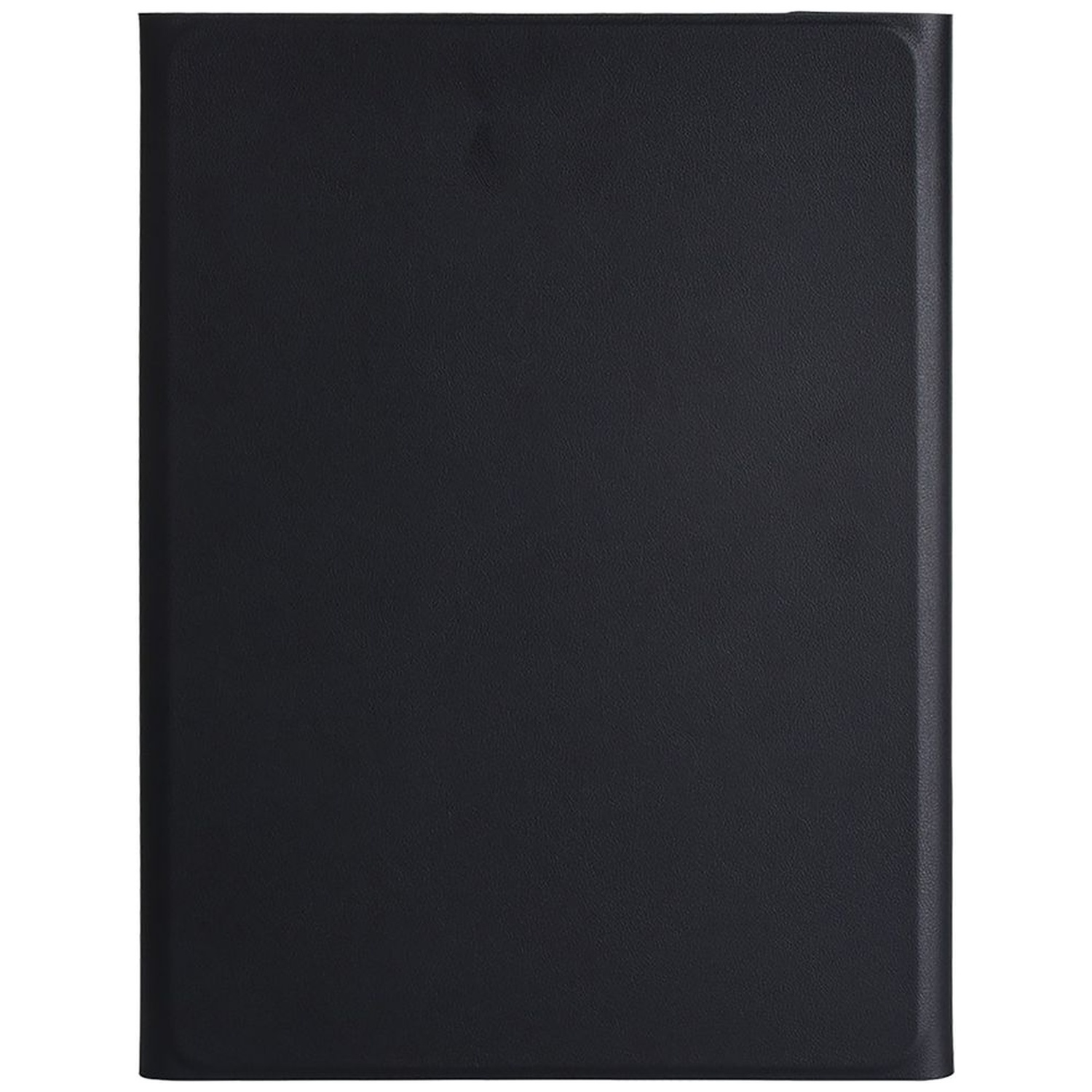 A closed black faux leather tablet case.