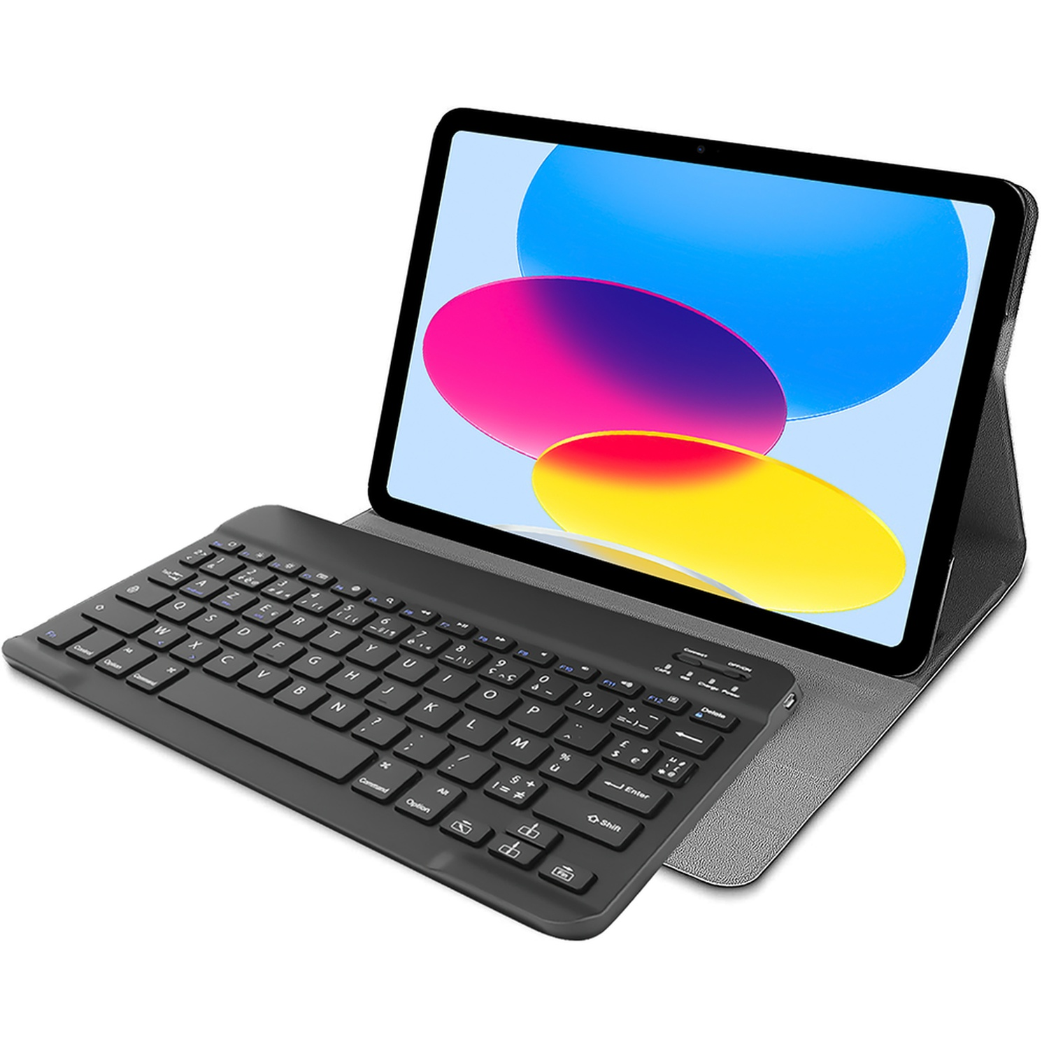 A black tablet with a keyboard and stand against a white background.