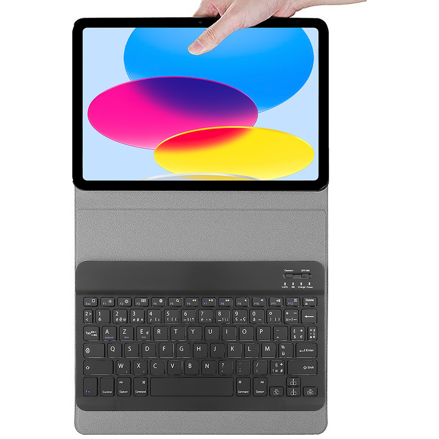 A tablet with a keyboard case. A hand holds the tablet from above.