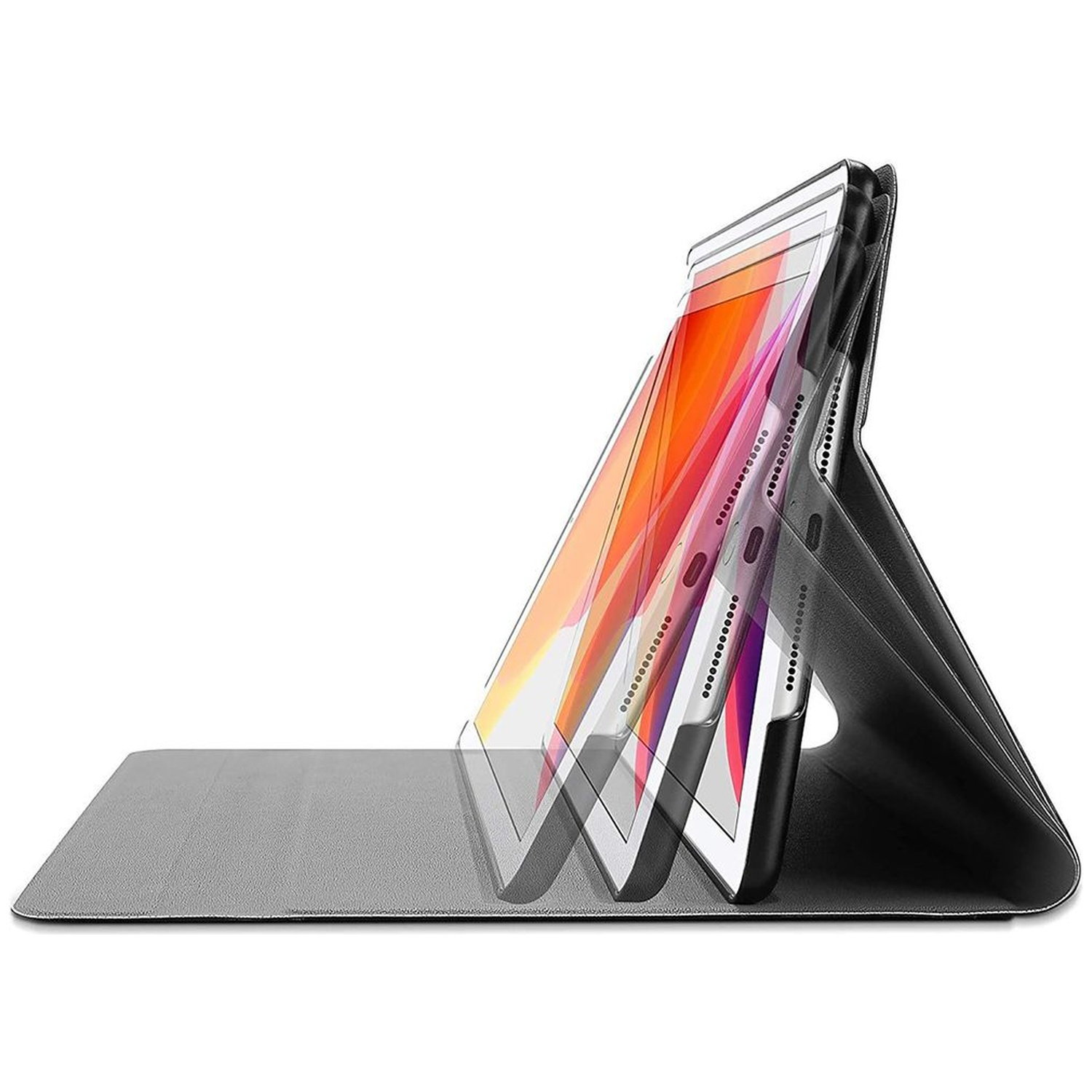 A gray tablet with a black cover, propped up on a surface.