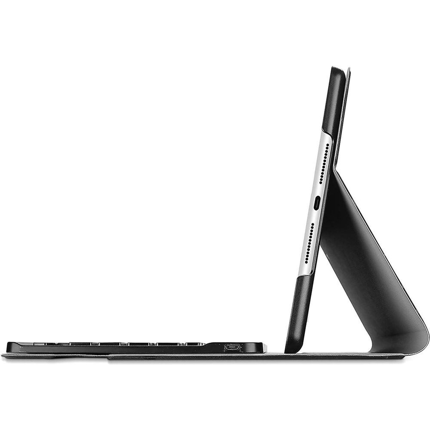 A tablet in a keyboard case, standing upright on a flat surface.