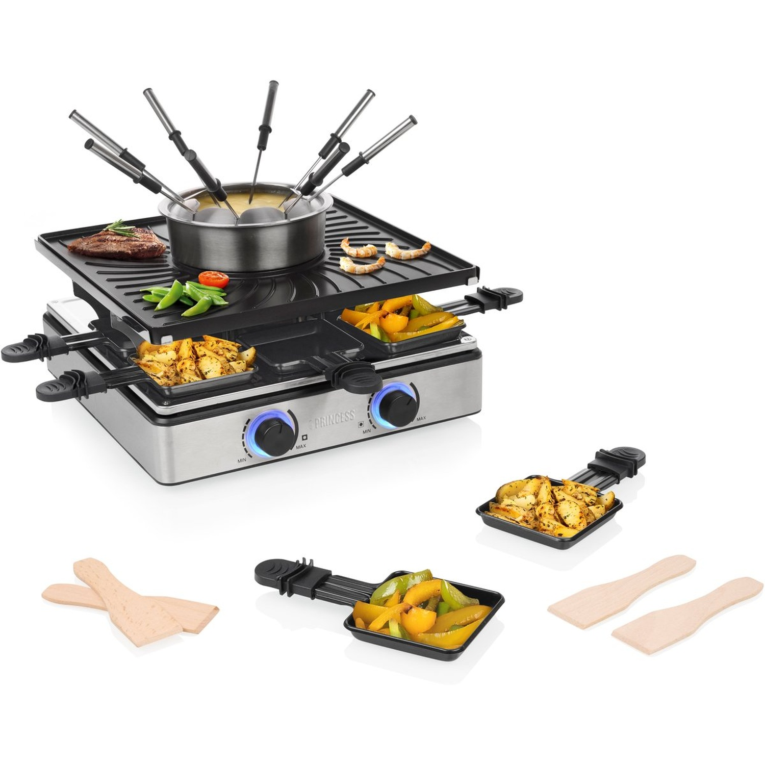 Raclette grill met vlees, garnalen, groenten en pannetjes op witte achtergrond.