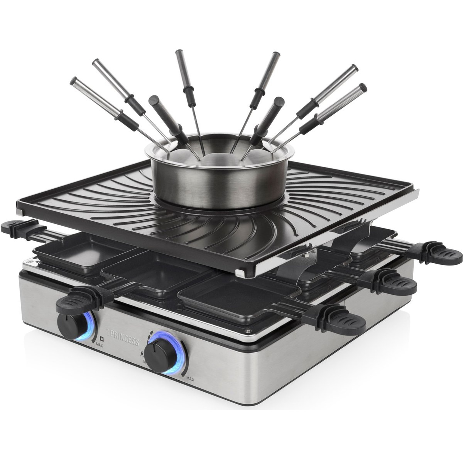 RVS raclette en fondue set met grillplaat en acht spiesen.