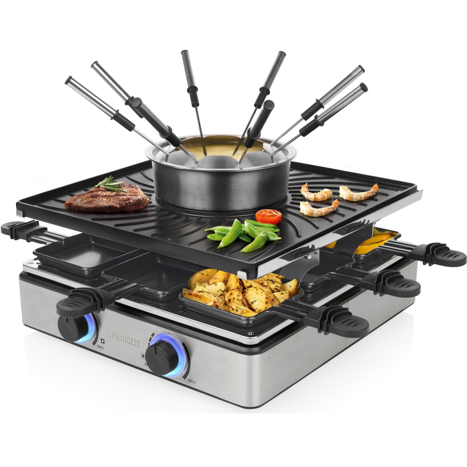 Een raclette- en fondue-apparaat met grillplaat, kaas pannetjes en fonduepan.