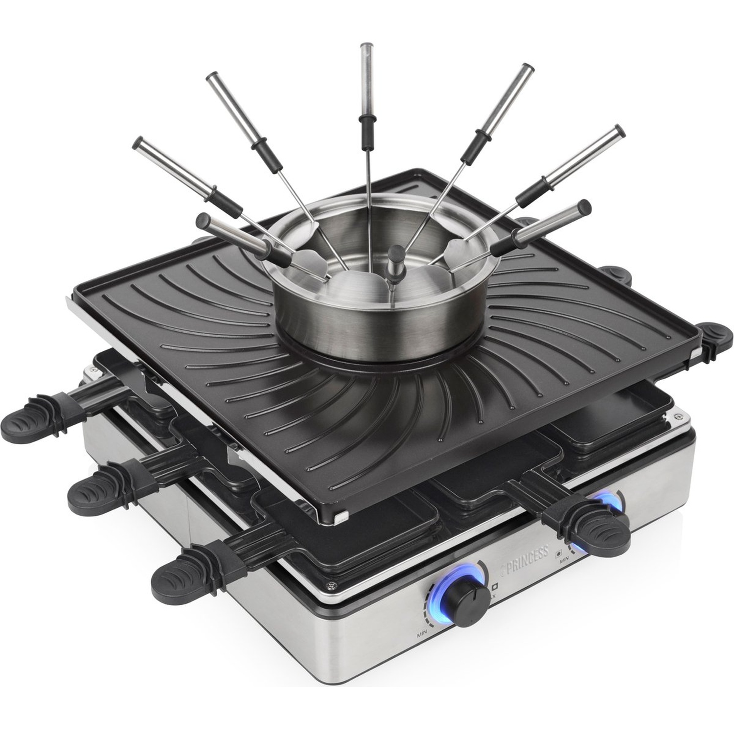 Een raclette grill met grillplaat, fonduepan en acht spiesen.