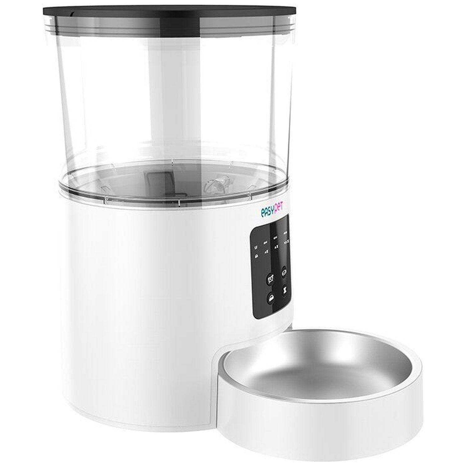 A white automatic pet feeder with a clear container and stainless steel bowl.