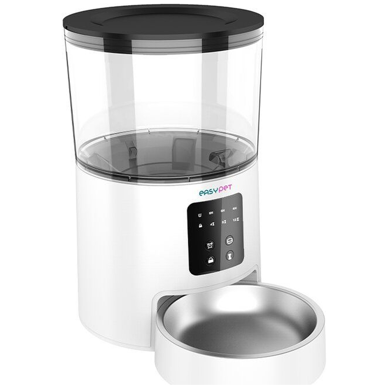 A white automatic pet feeder with a clear container and a stainless steel bowl.