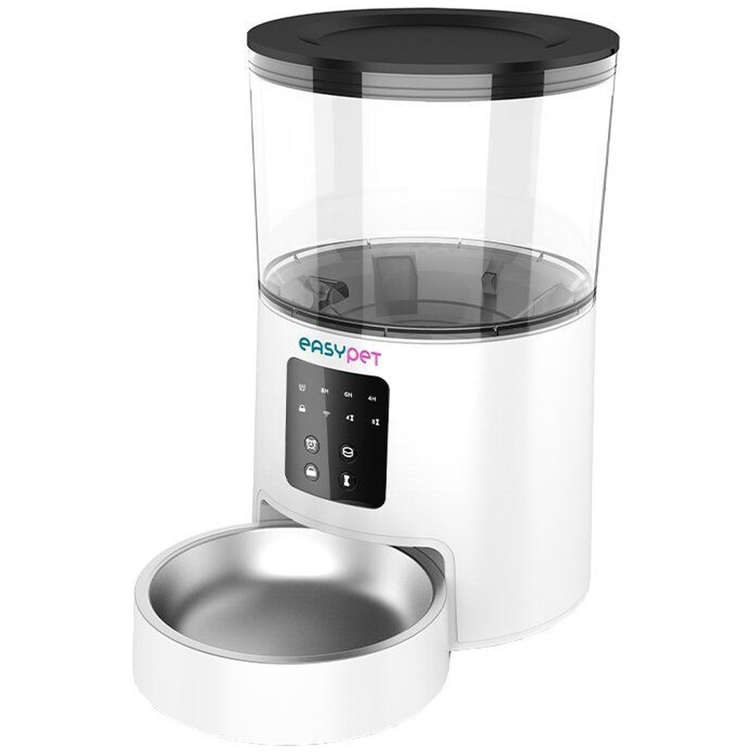 A white automatic pet feeder with a clear container and stainless steel bowl.