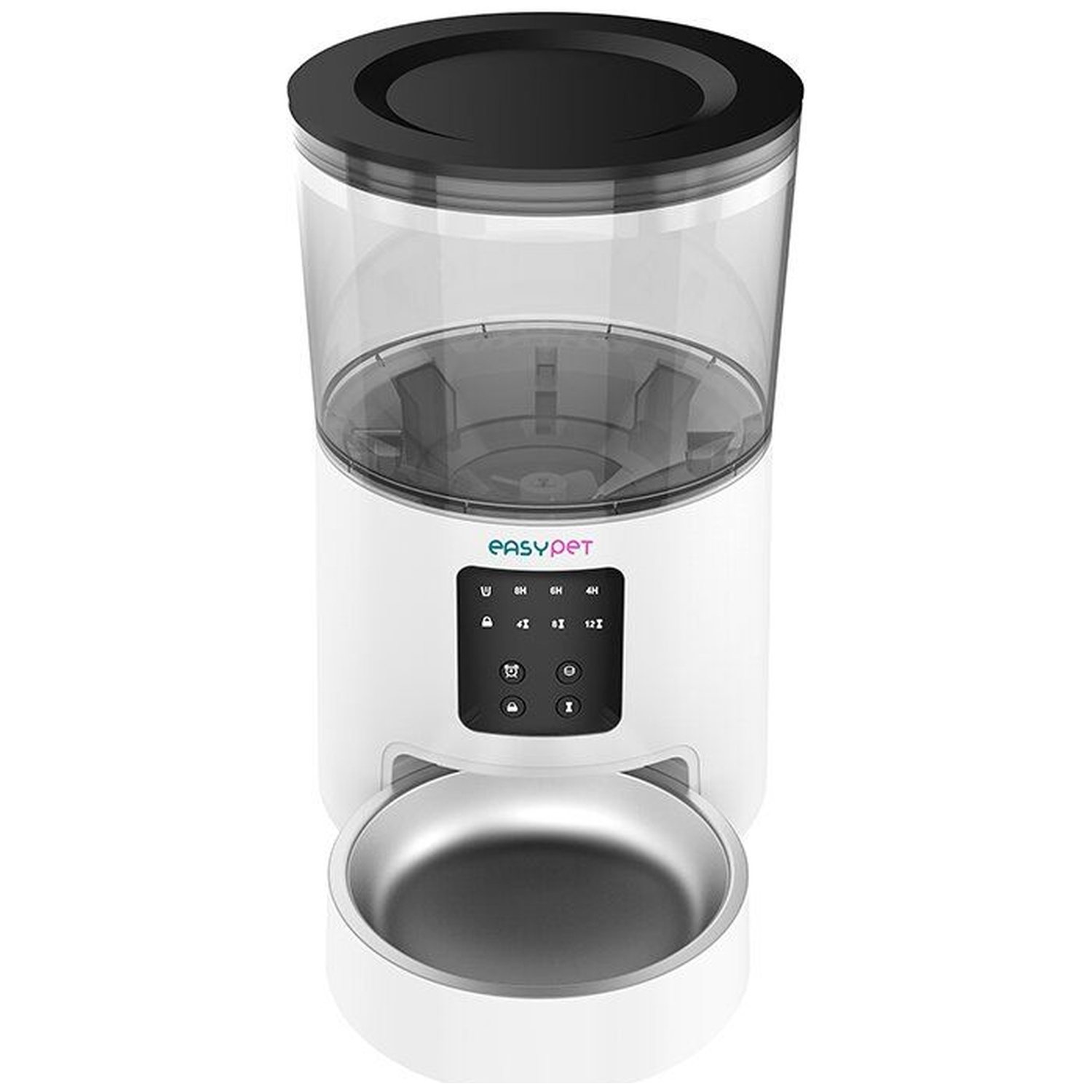 A white automatic pet feeder with a clear container and stainless steel bowl.