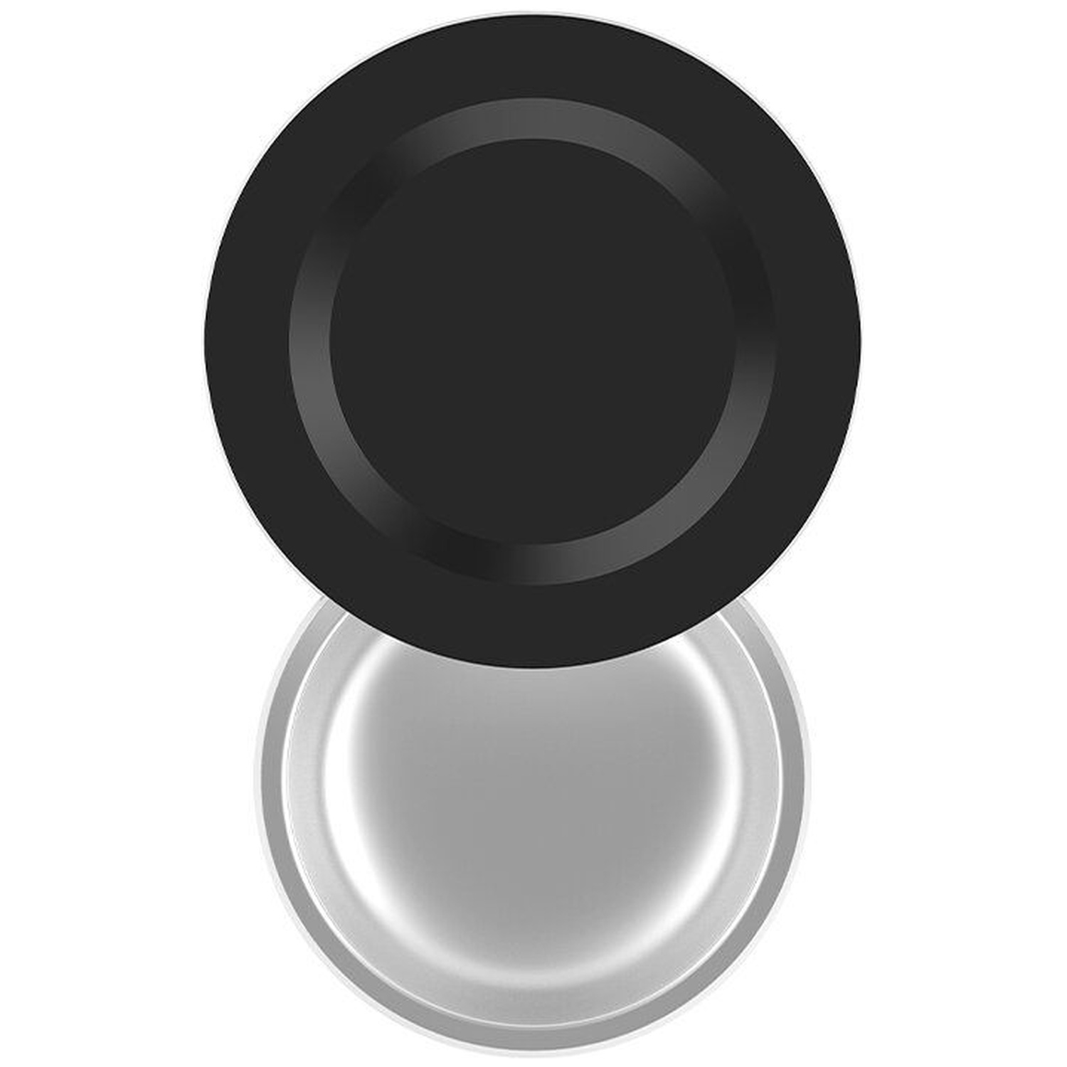 A black lid rests on a silver bowl.