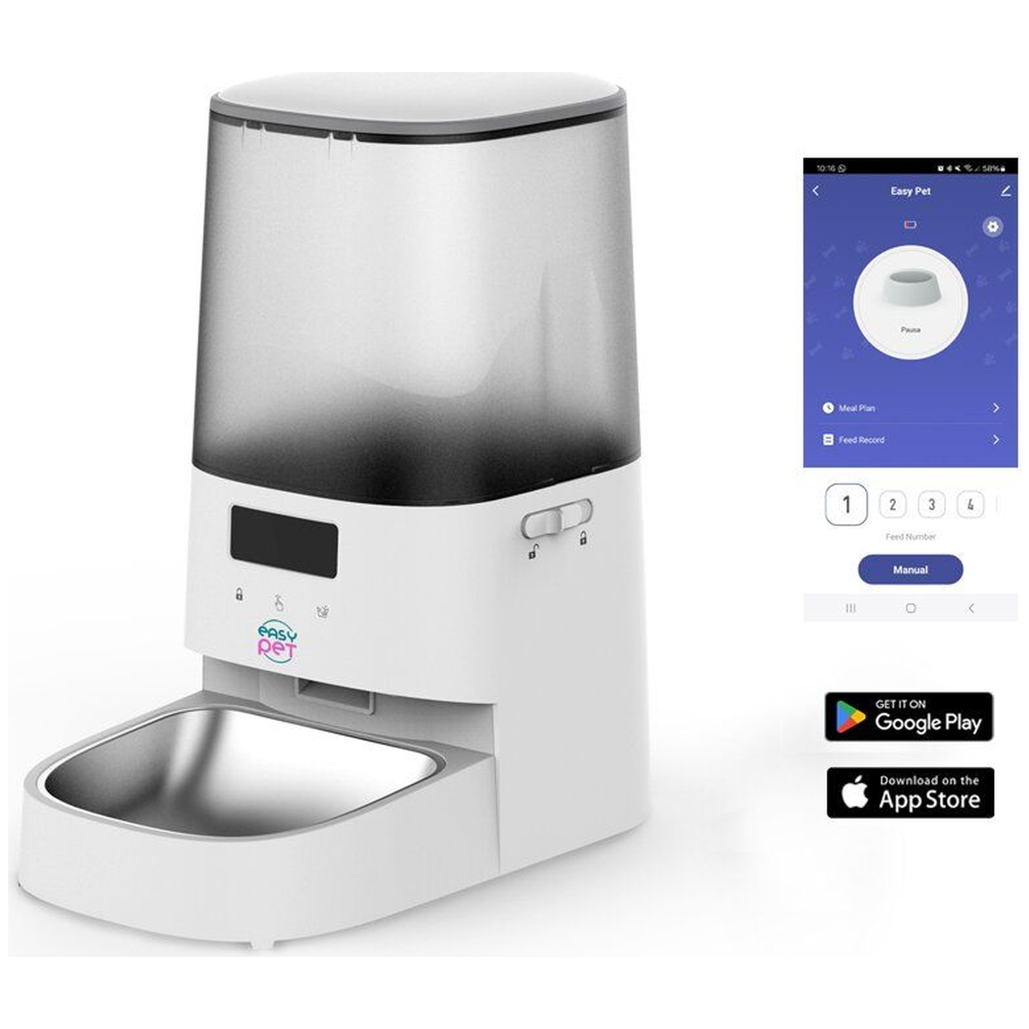 A white pet feeder with a clear top and stainless steel bowl.
