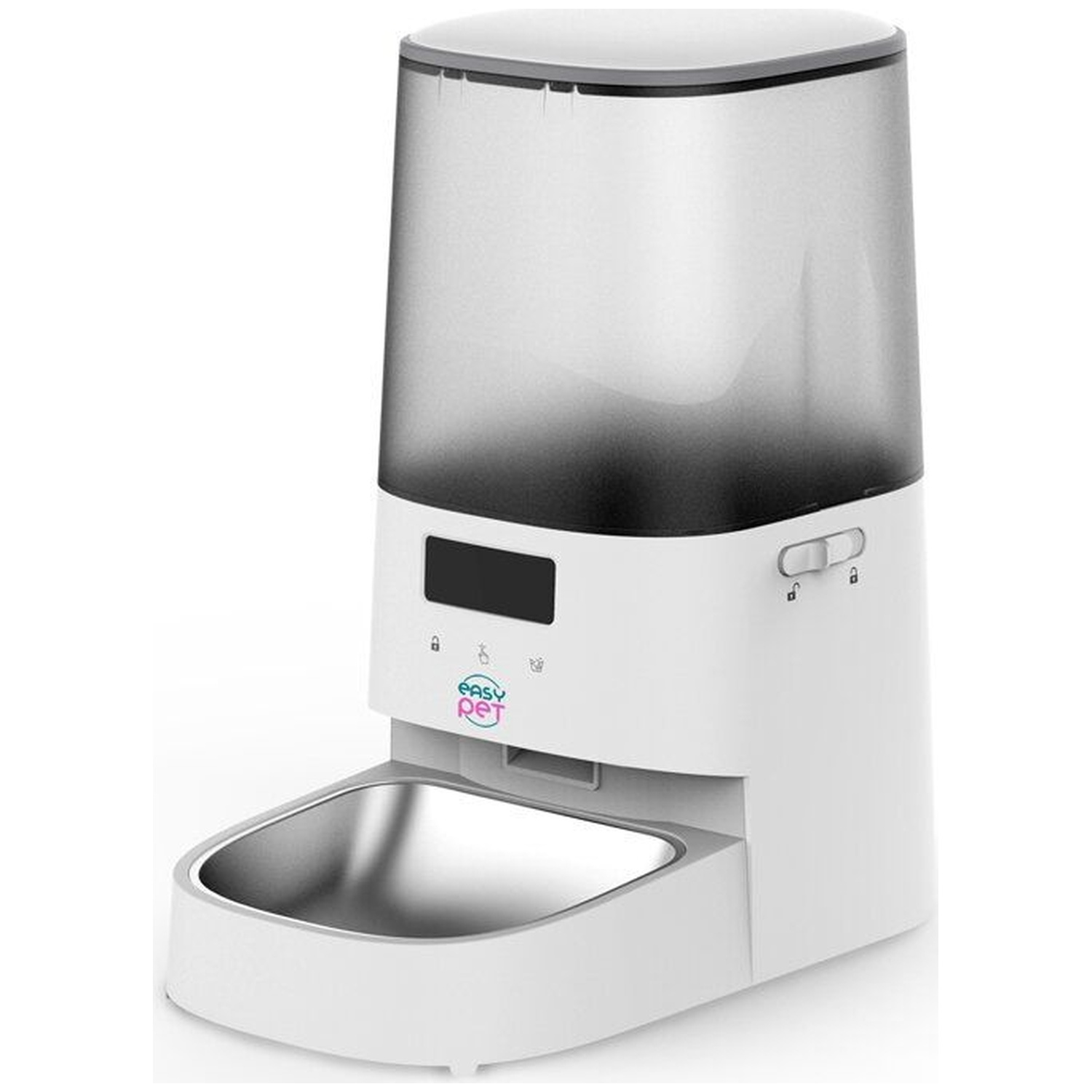 A white automatic pet feeder with a clear container and stainless steel bowl.