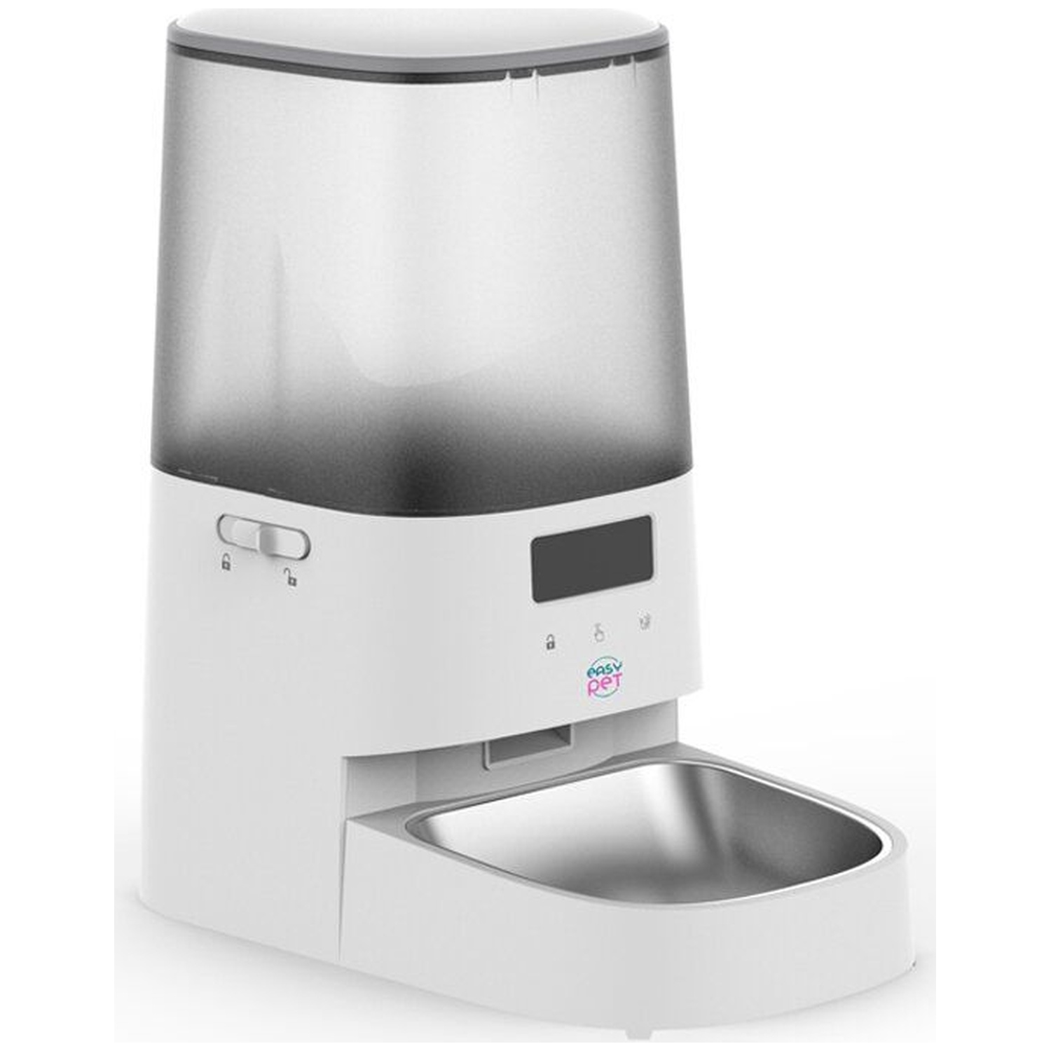 A white automatic pet feeder with a transparent container and stainless steel bowl.