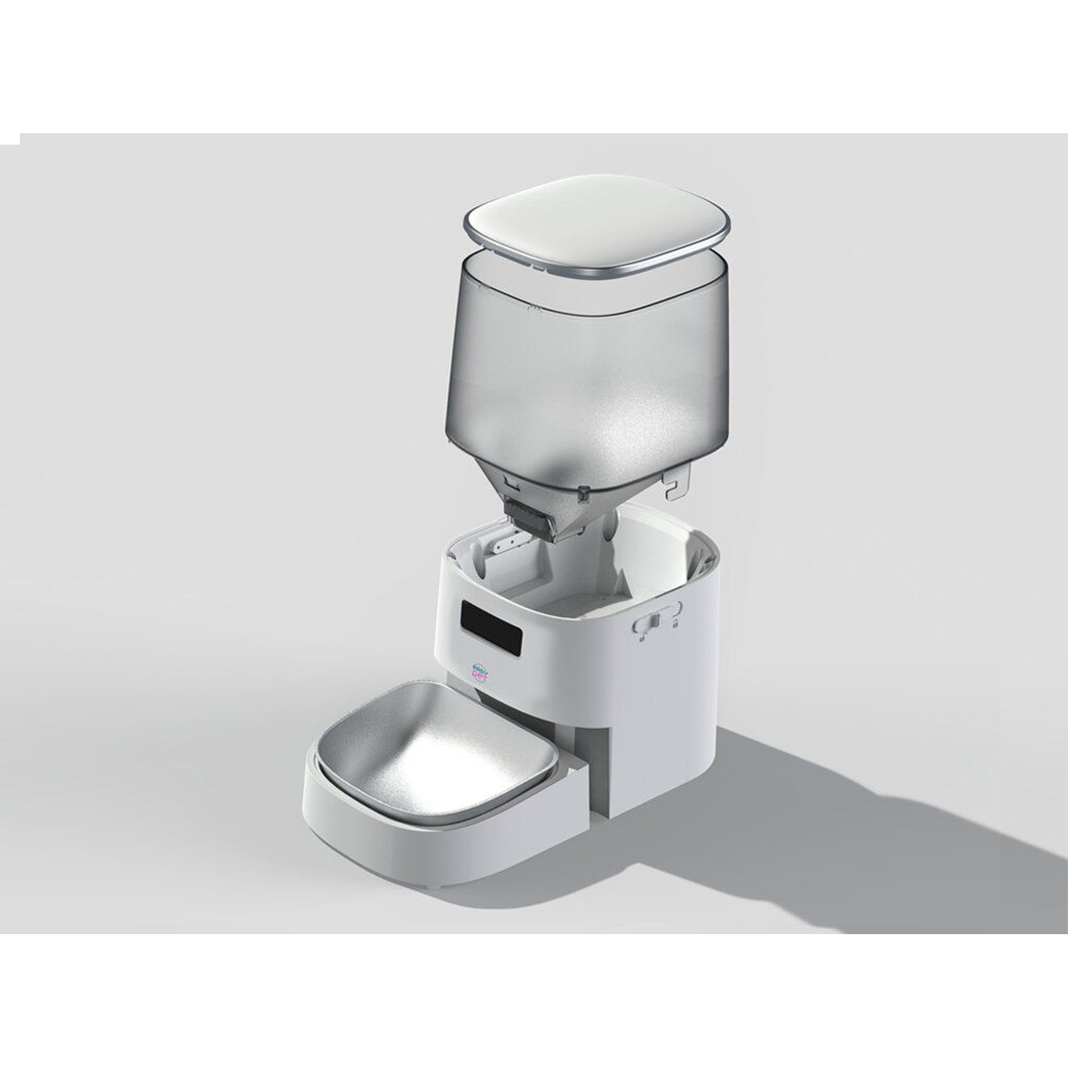 A white automatic pet feeder with a transparent container and food bowl.