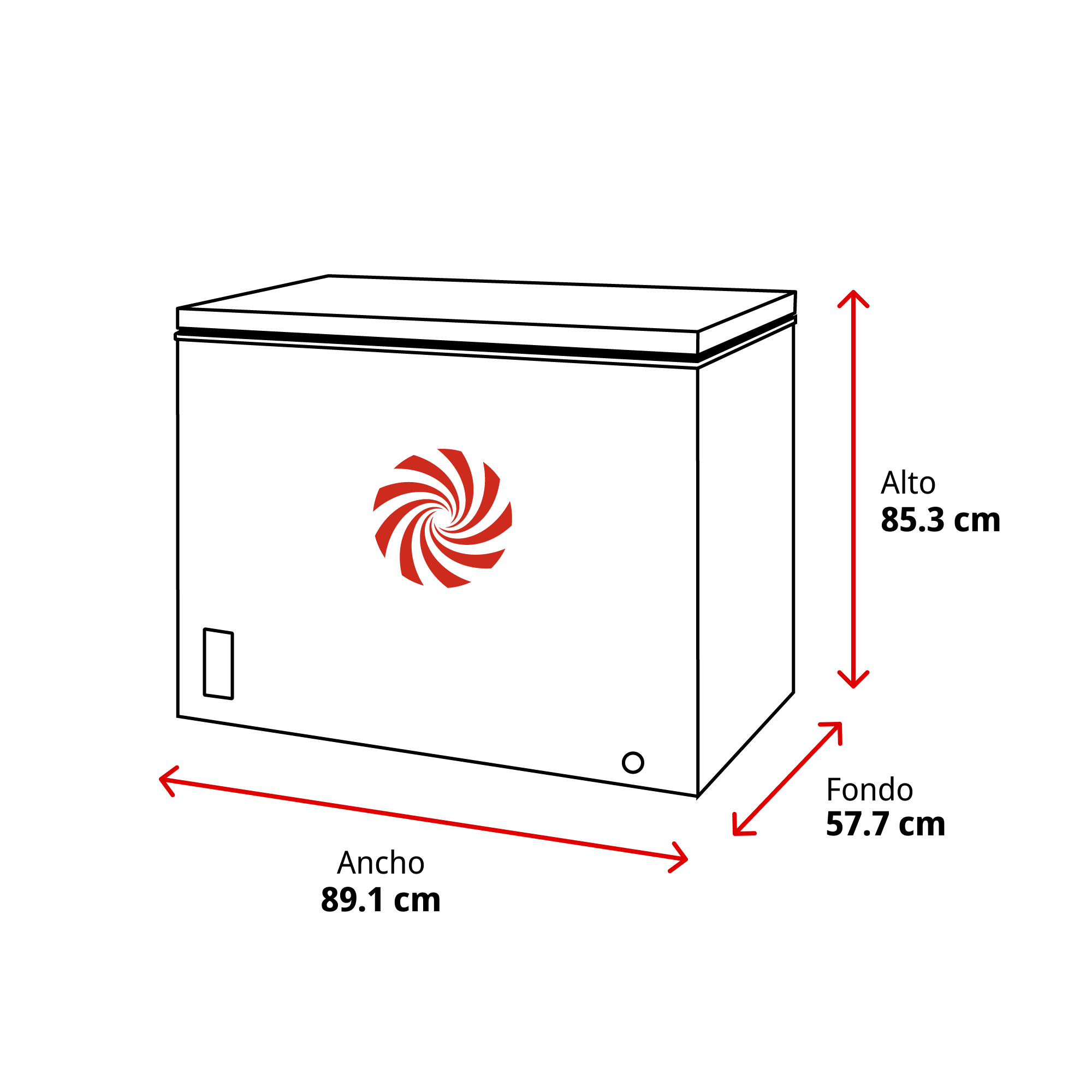 Un congelador horizontal blanco con dimensiones: Ancho 89.1 cm, Alto 85.3 cm, Fondo 57.7 cm.