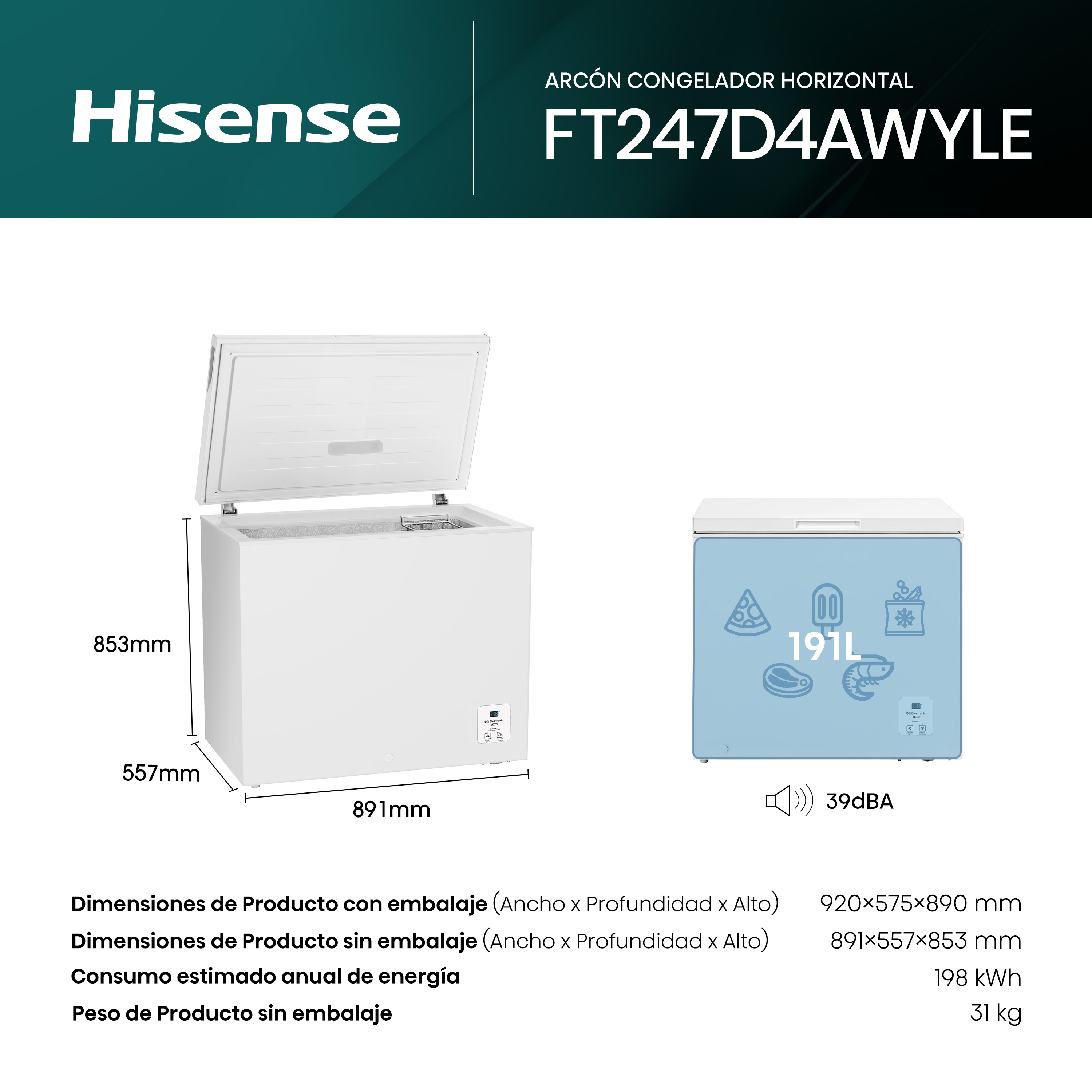 Arcón congelador horizontal FT247D4AWYLE. Capacidad 191L, 39dBA, consumo anual 198 kWh. Dimensiones sin embalaje 891×557×853 mm.