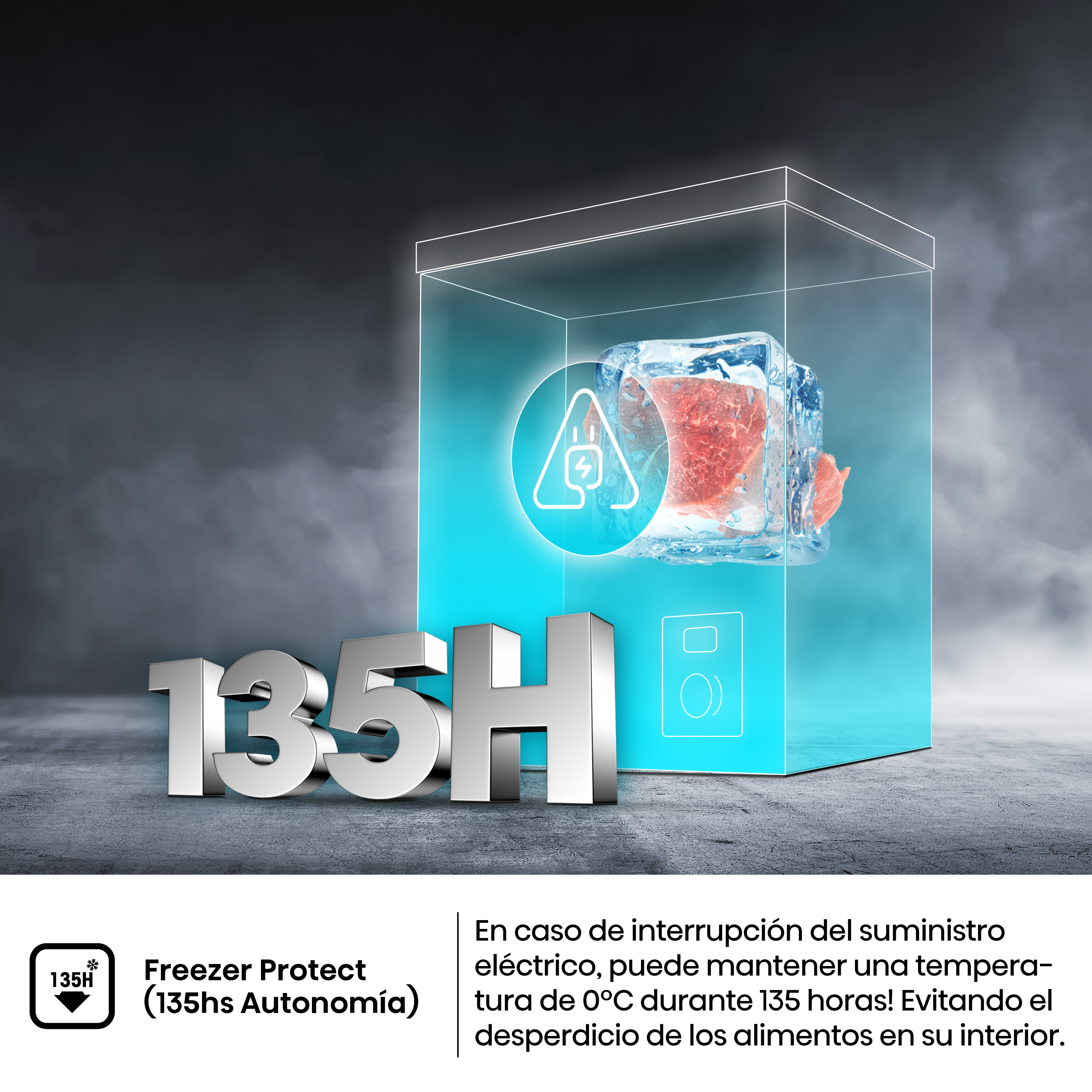 Freezer Protect (135hs Autonomía). Mantiene una temperatura de 0°C durante 135 horas en caso de interrupción eléctrica, evitando el desperdicio de alimentos.