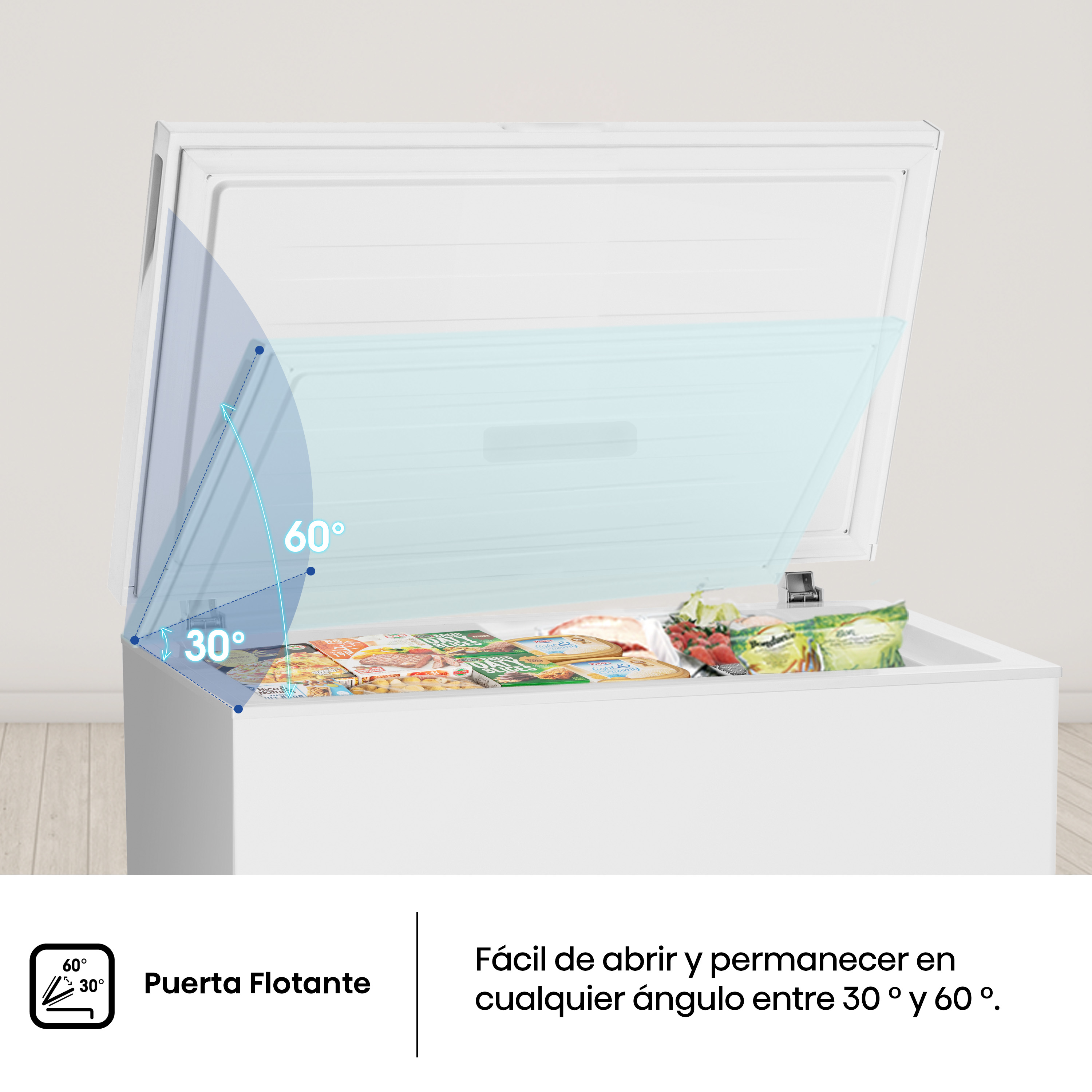Puerta Flotante. Fácil de abrir y permanecer en cualquier ángulo entre 30° y 60°.