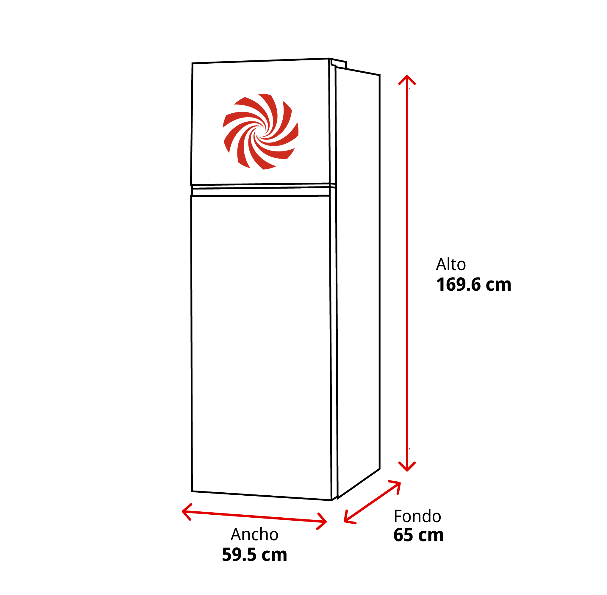 Refrigerador con logo de remolino rojo. Dimensiones: 169.6cm Al, 59.5cm An, 65cm Fo.