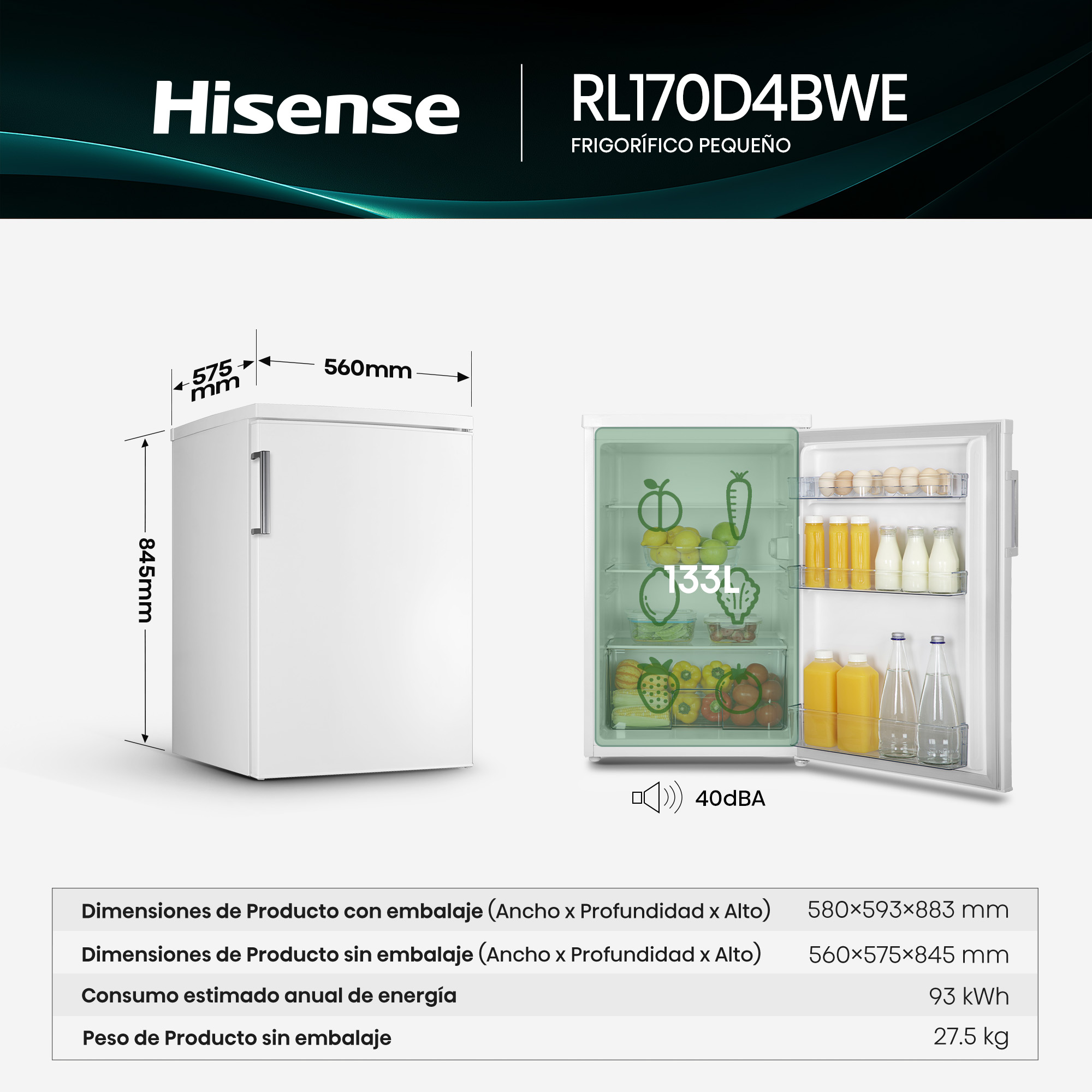 Refrigerador con dimensiones, interior y especificaciones. Capacidad 133L.