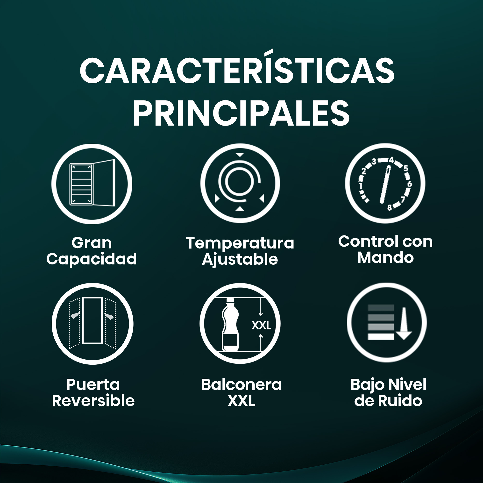 CARACTERÍSTICAS PRINCIPALES
Gran Capacidad
Temperatura Ajustable
Control con Mando
Puerta Reversible
Balconera XXL
Bajo Nivel de Ruido