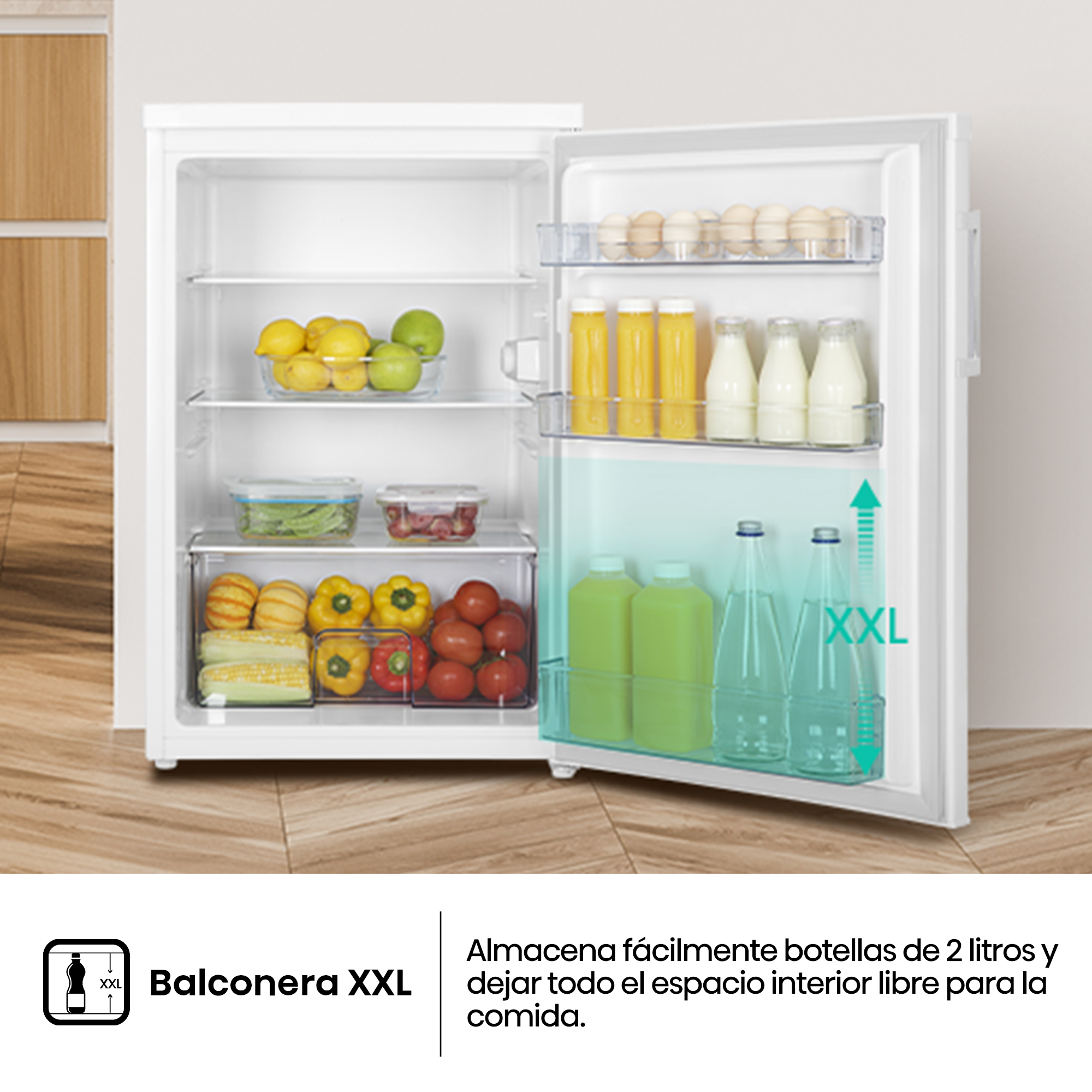 Almacena fácilmente botellas de 2 litros y dejar todo el espacio interior libre para la comida.