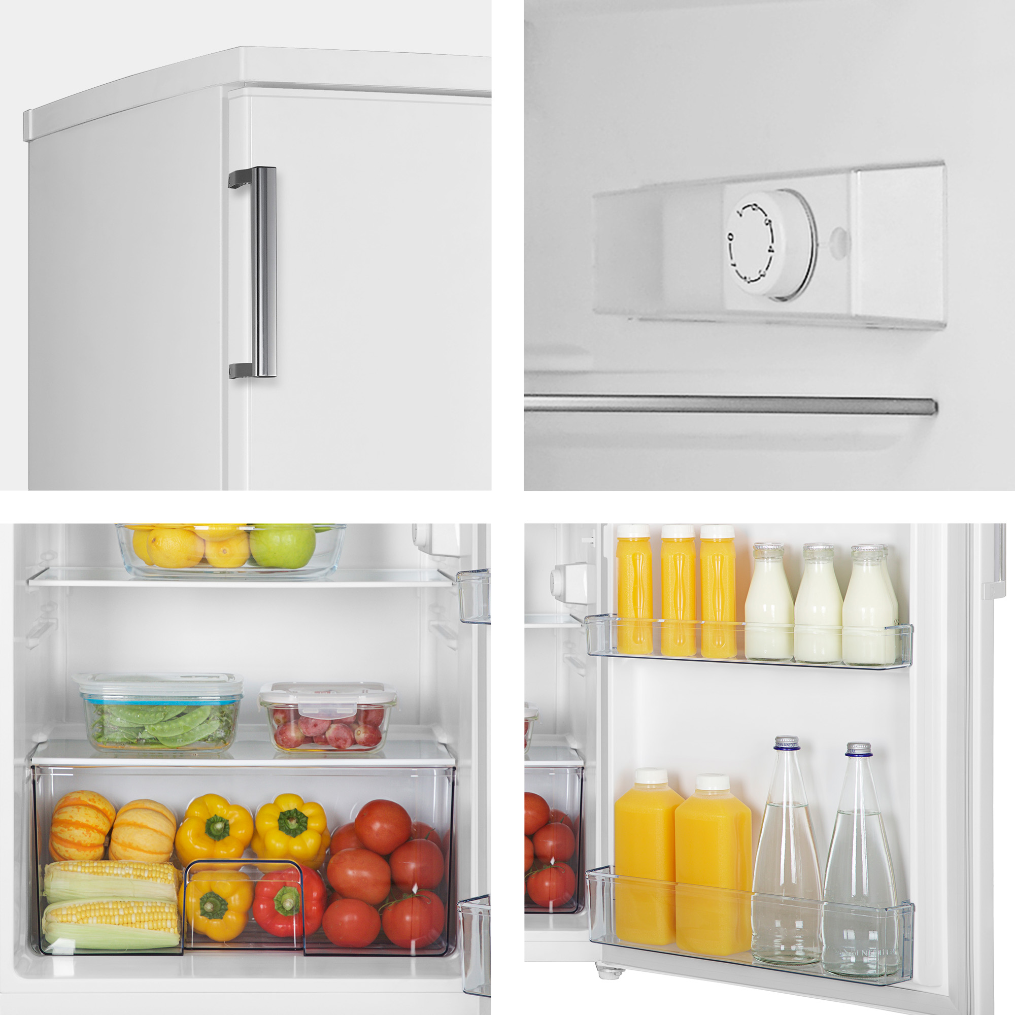 Interior de un refrigerador con frutas, verduras, jugo y botellas de agua.