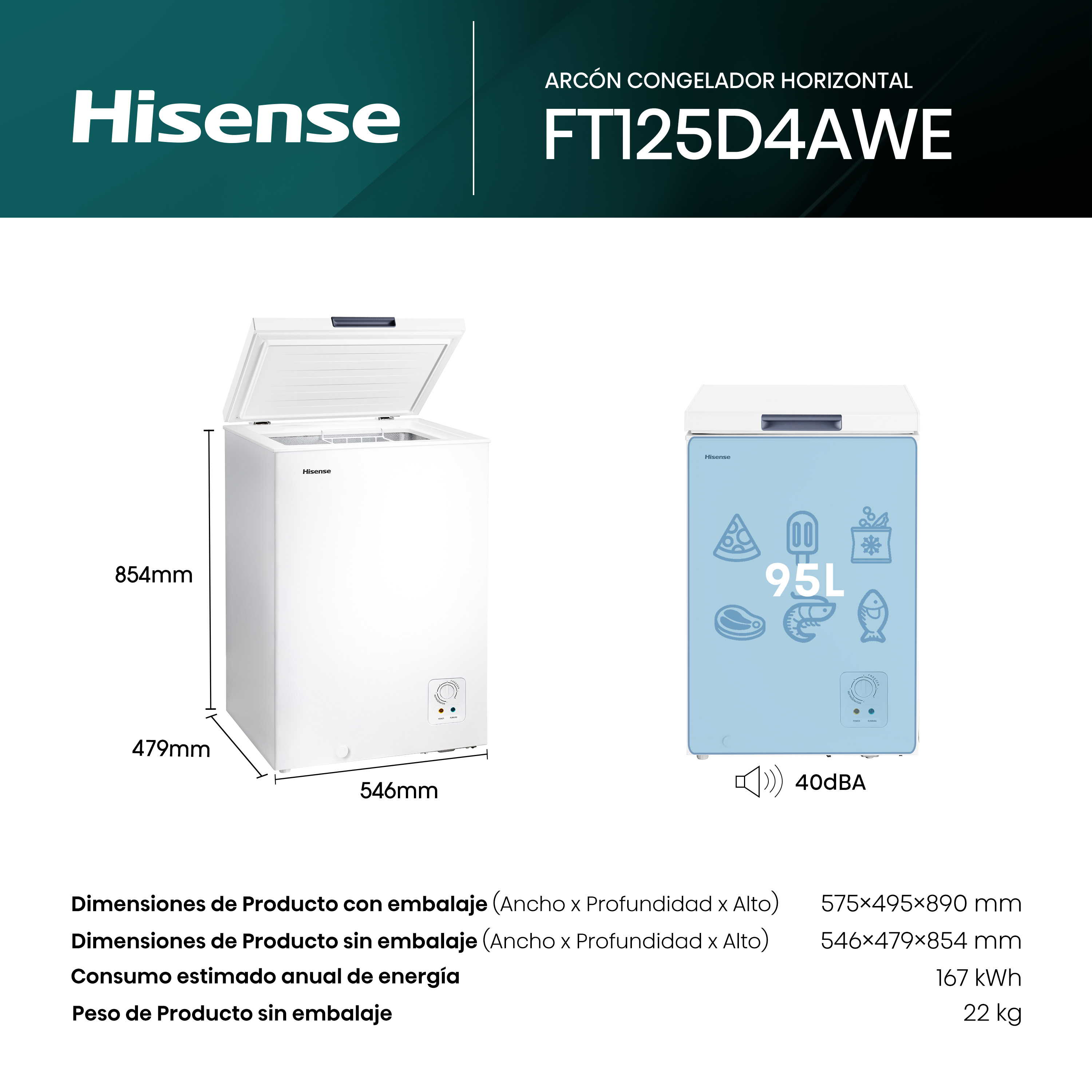 Un congelador Hisense blanco tipo arcón con tapa abierta y dimensiones.