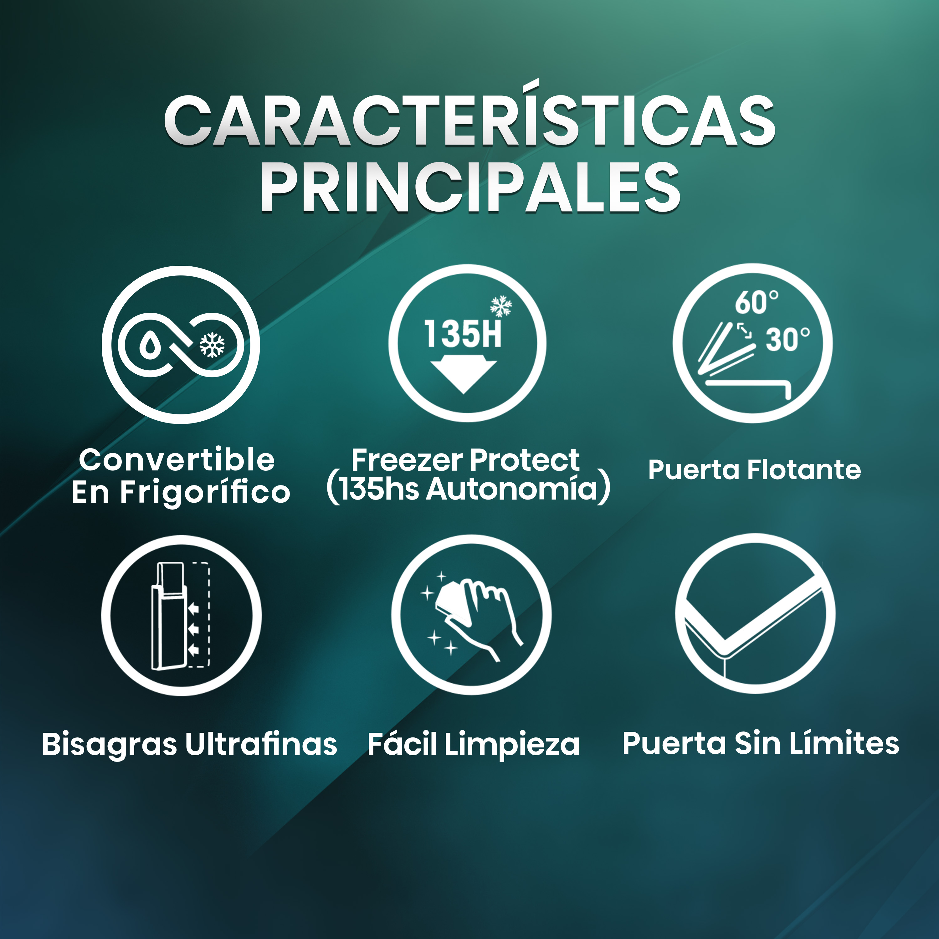 Características principales. Convertible en Frigorífico. Freezer Protect (135hs Autonomía). Puerta Flotante. Bisagras Ultrafinas. Fácil Limpieza.