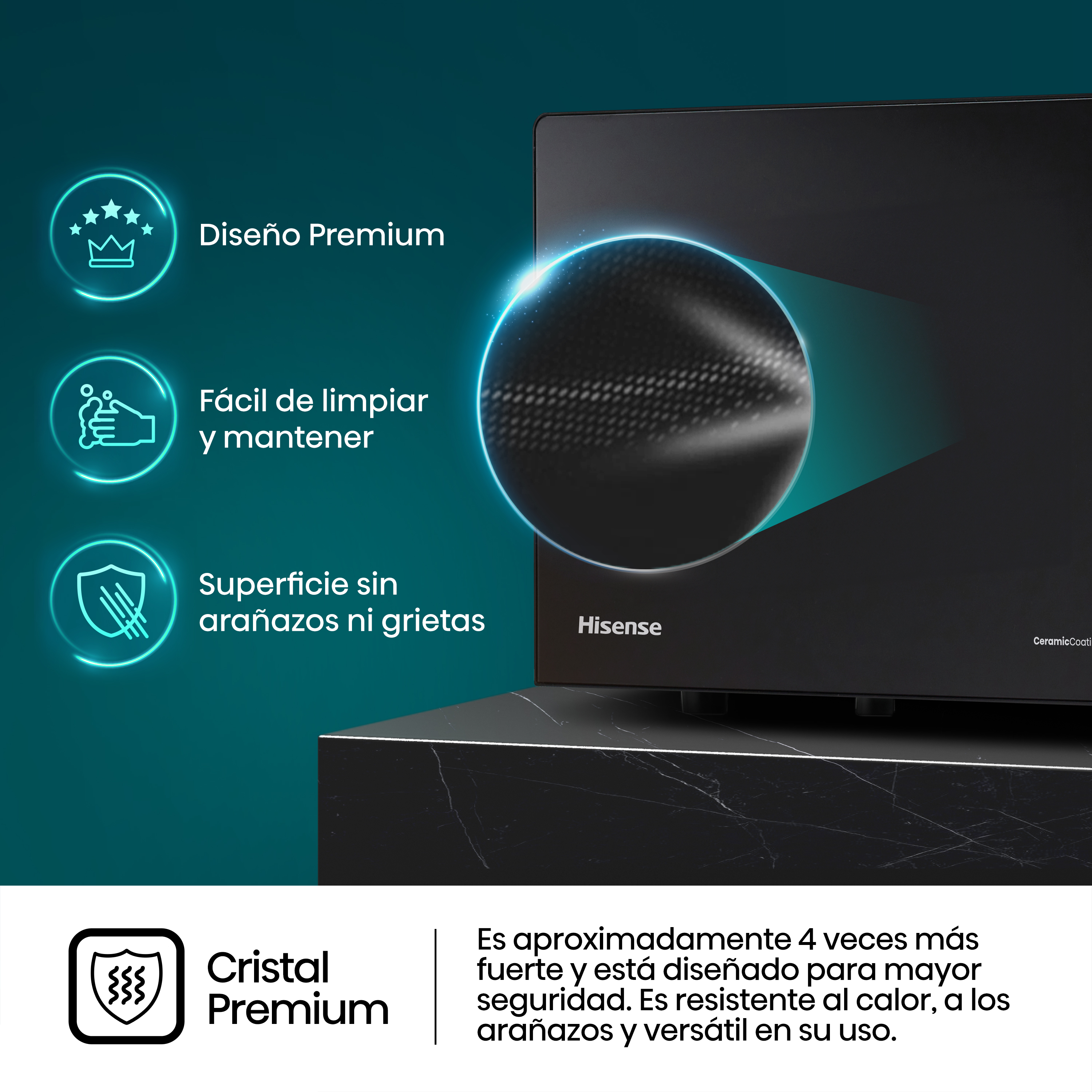 Cristal Premium. Es aproximadamente 4 veces más fuerte y está diseñado para mayor seguridad. Resistente al calor y a los arañazos.