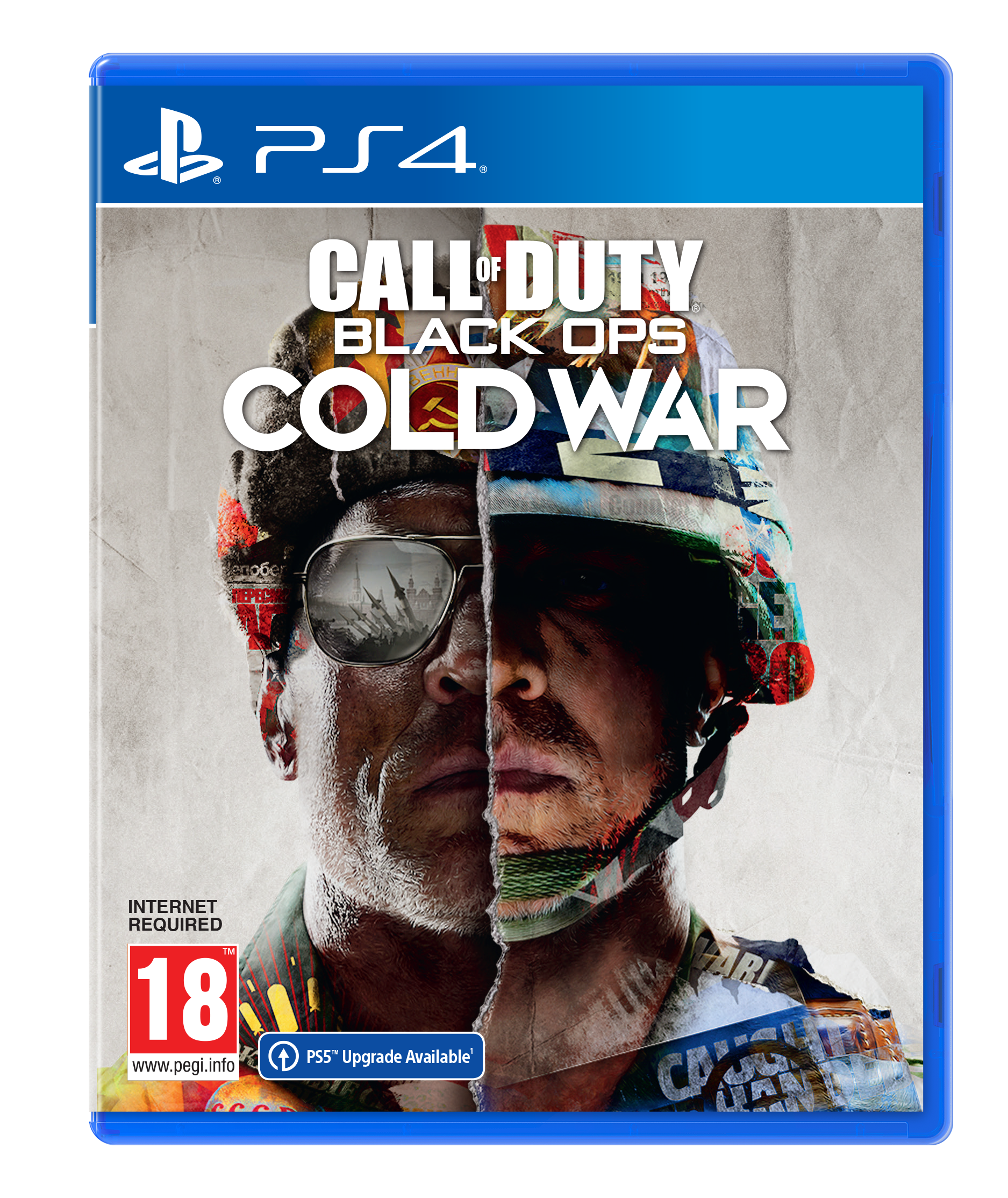 Okładka gry Call of Duty Black Ops Cold War PS4, podzielona twarz, z odbiciem rakiet.