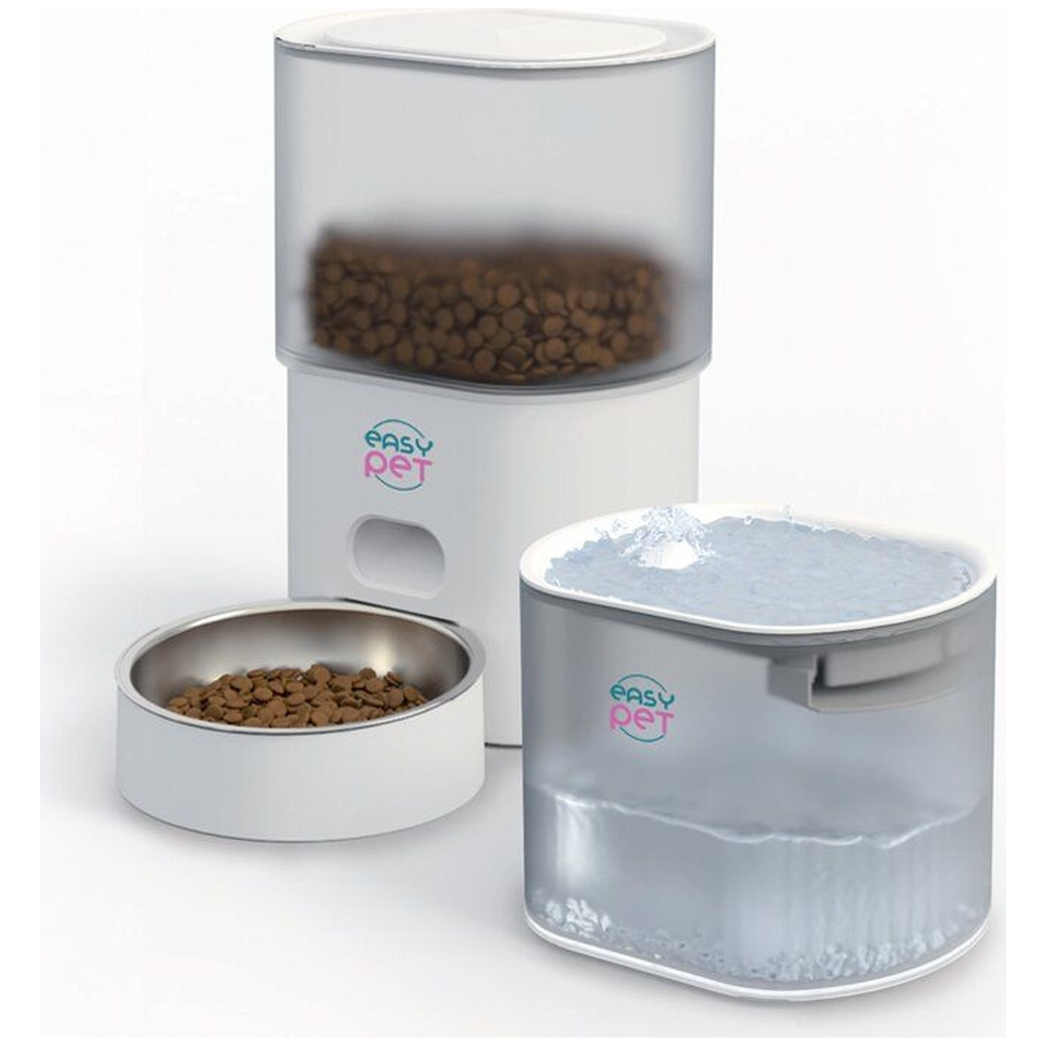 A white pet feeder with a clear reservoir, a food bowl, and a water dispenser.