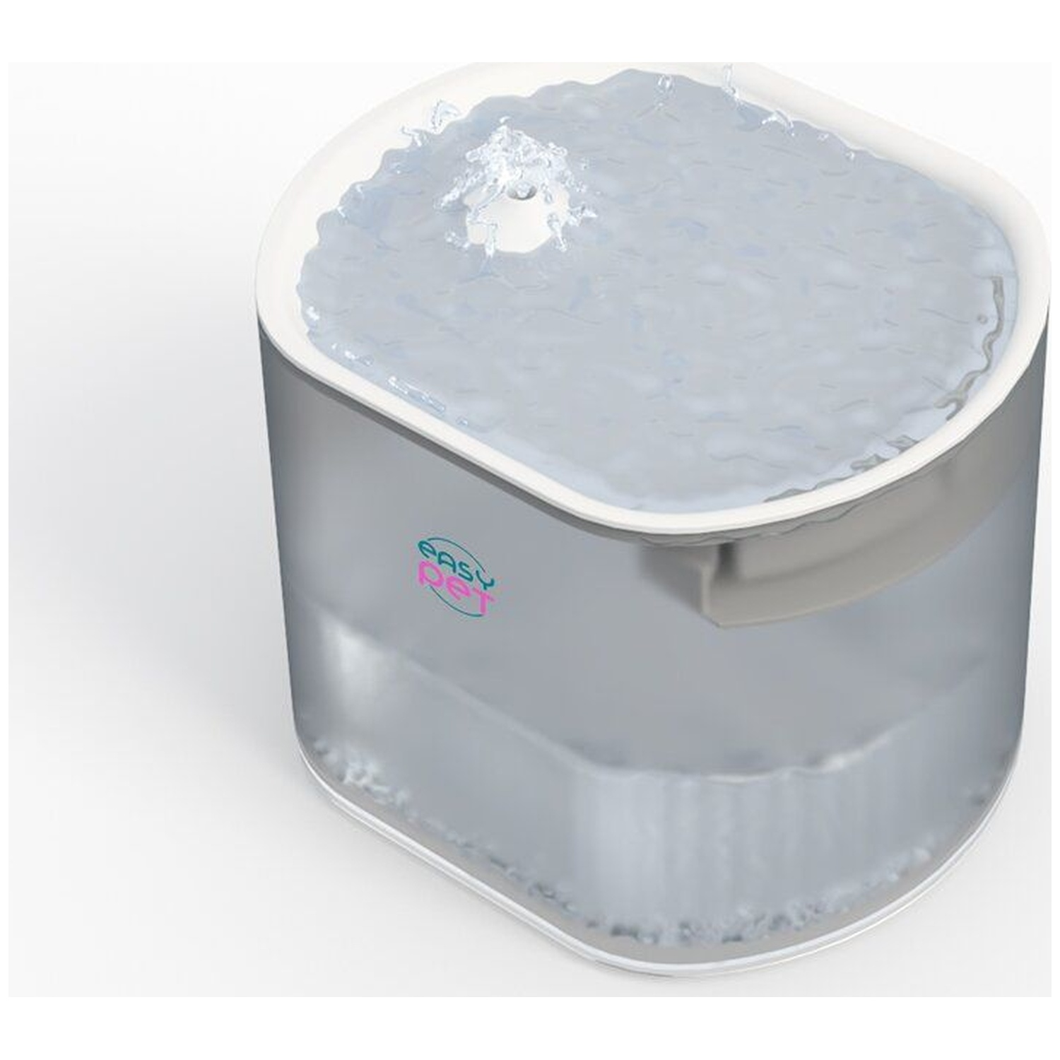 A gray pet fountain with water bubbling at the top.