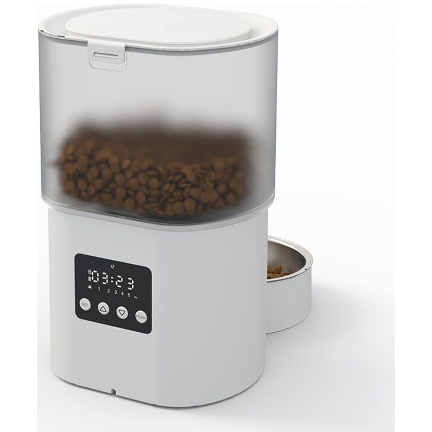 A white automatic pet feeder with a clear container and digital display. Food is visible.