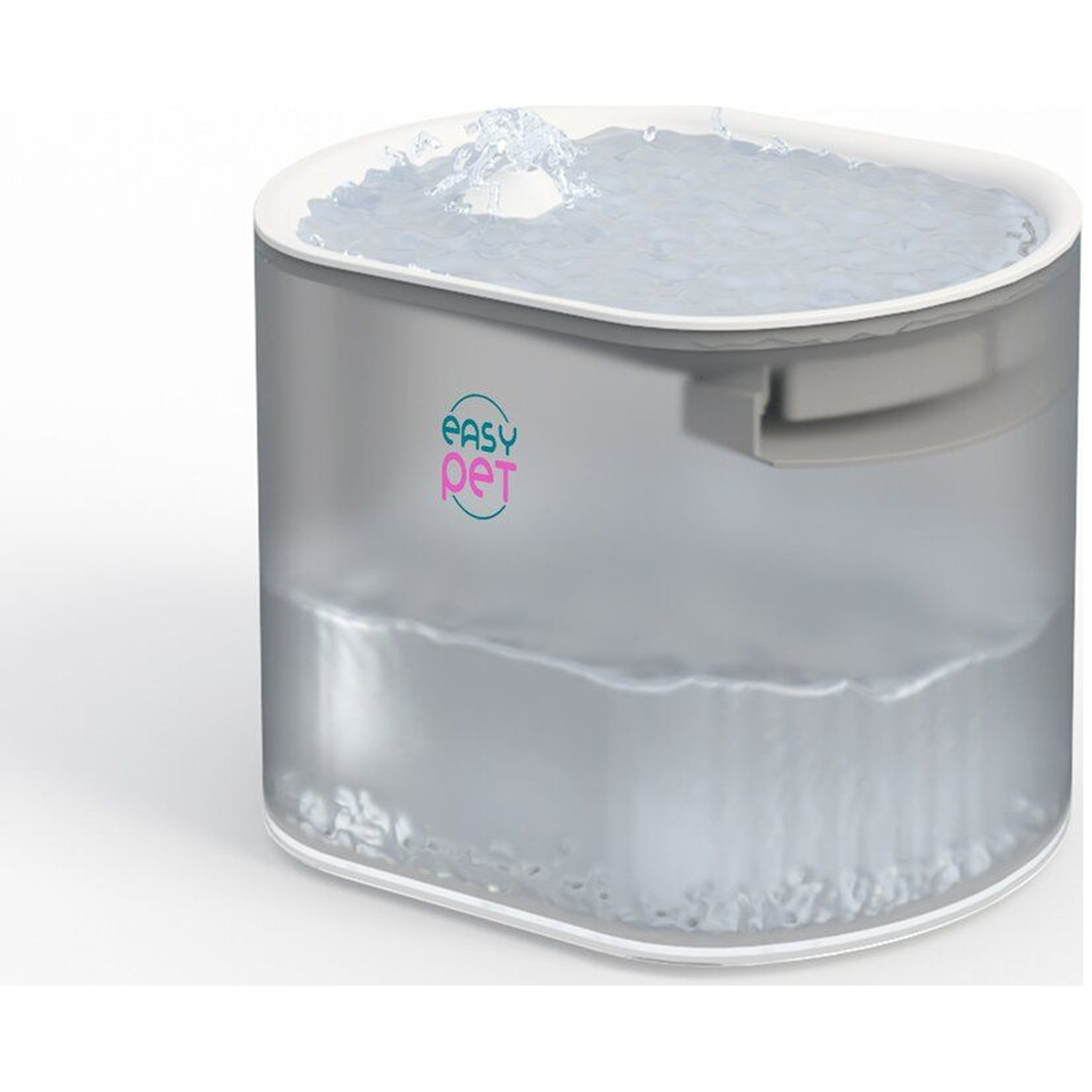 A transparent pet fountain with flowing water and the 'Easy Pet' logo.