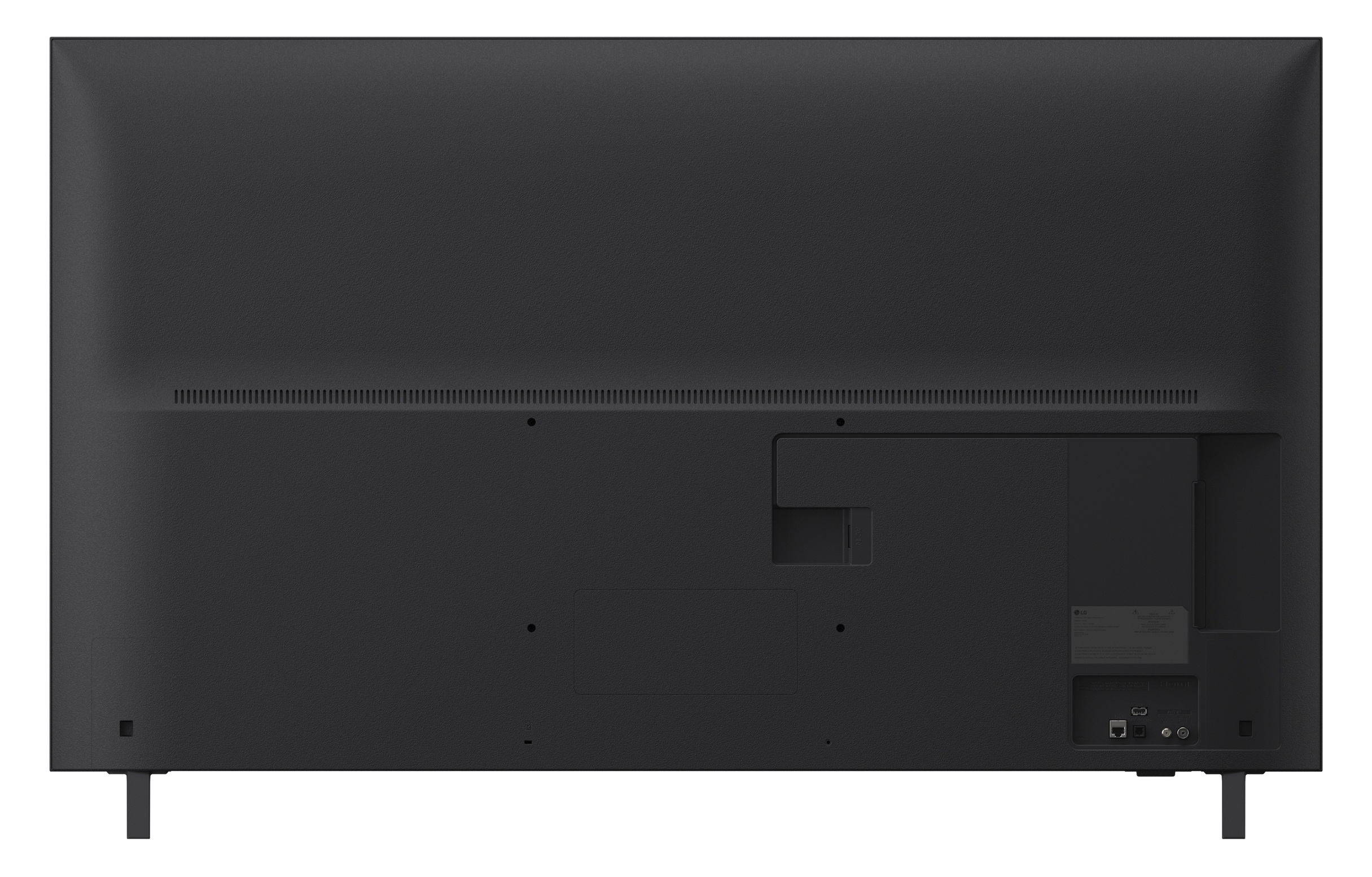Tył czarnego telewizora z portami i otworami wentylacyjnymi.