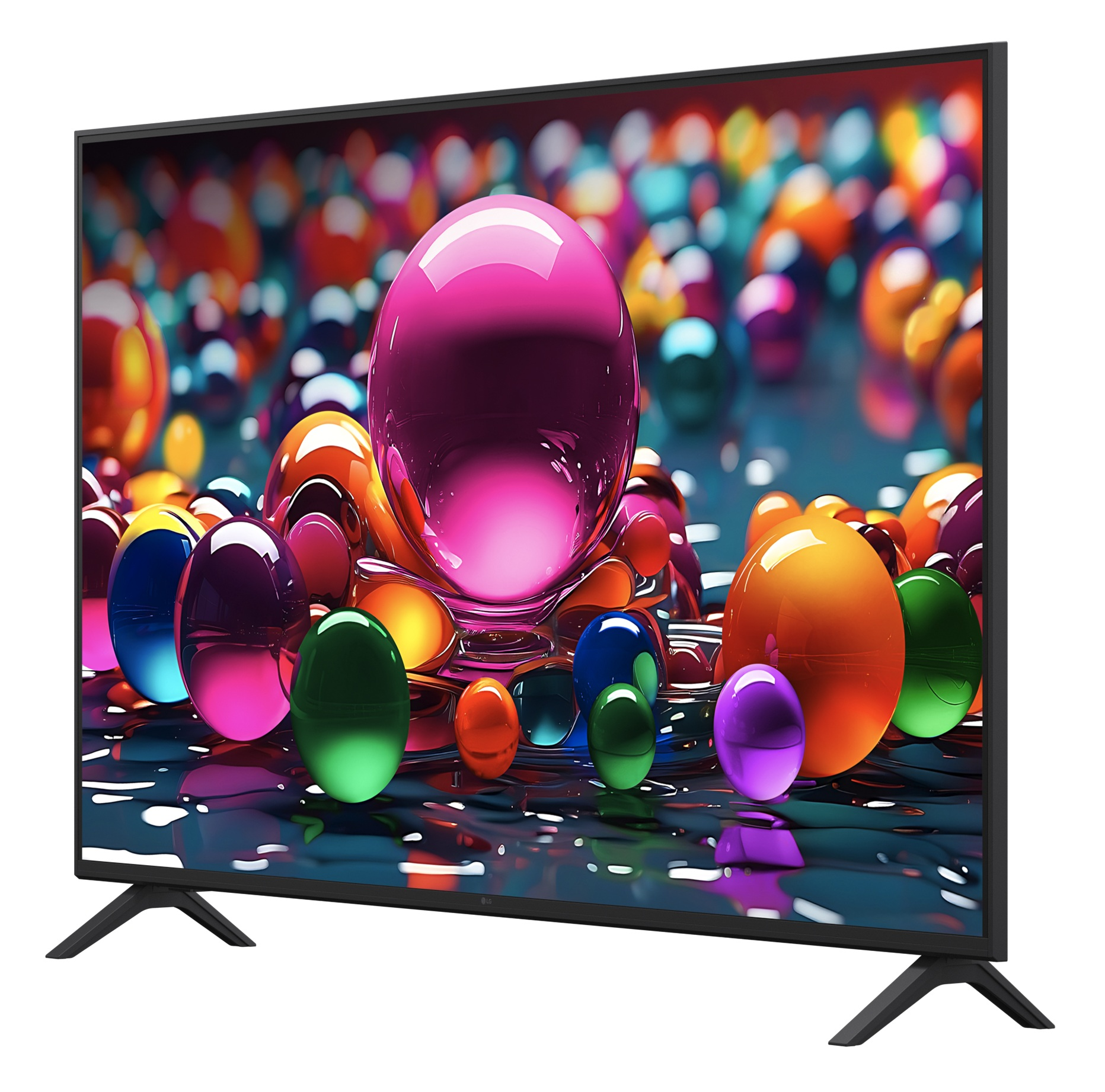 Telewizor wyświetla kolorową, abstrakcyjną scenę błyszczących kul.